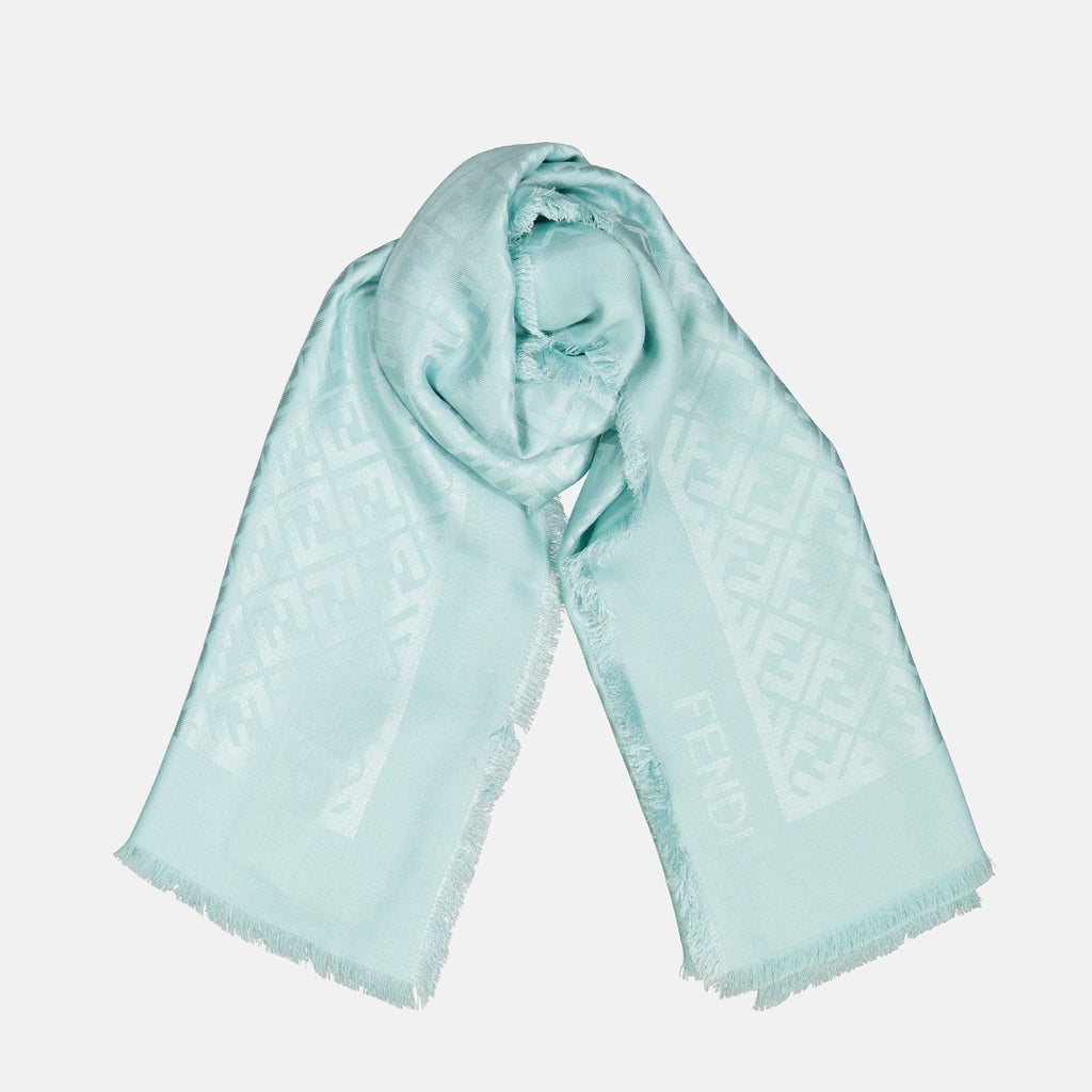 Fendi shawl, light blue scarf, wool silk, FF pattern, designer accessory