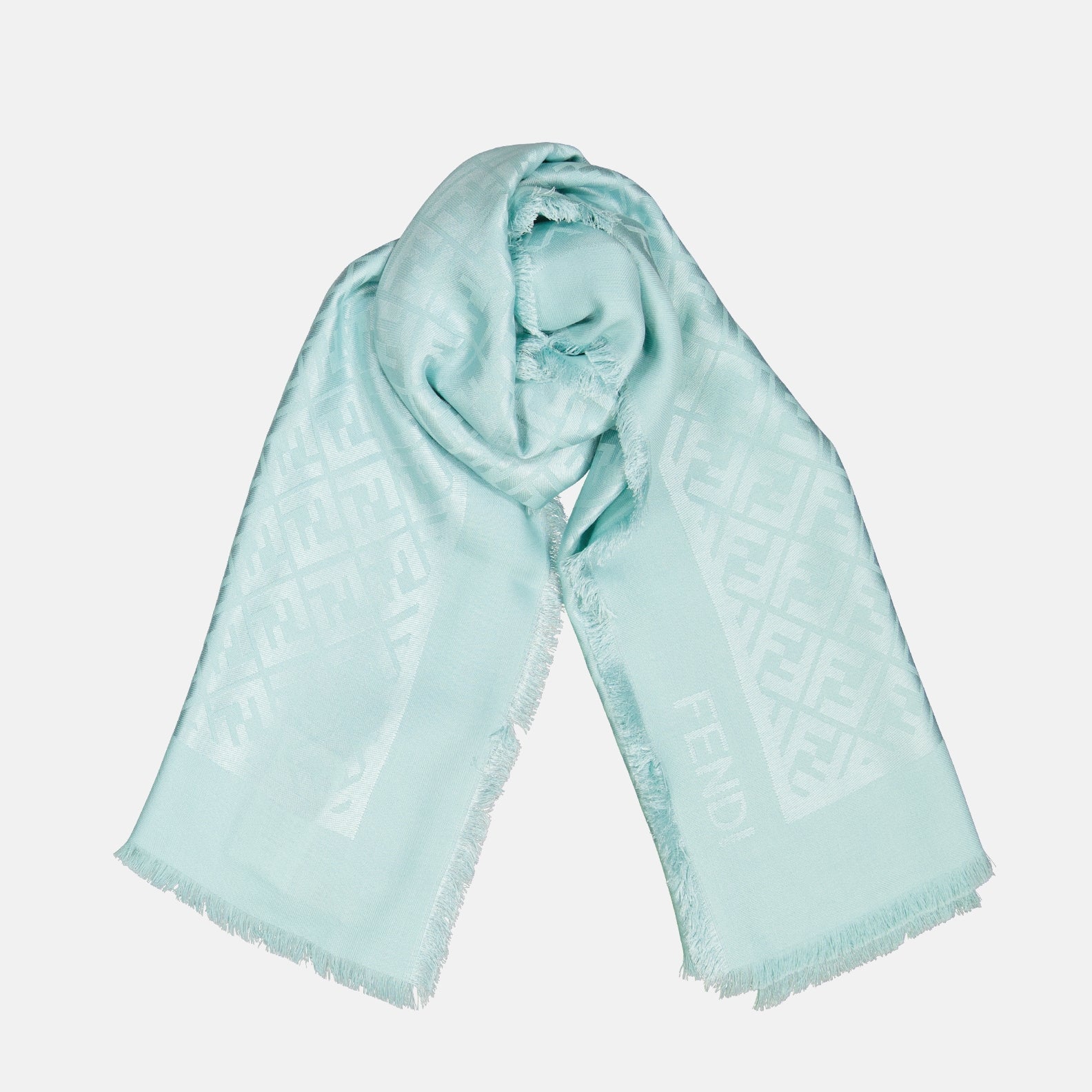 Fendi shawl, light blue scarf, wool silk, FF pattern, designer accessory