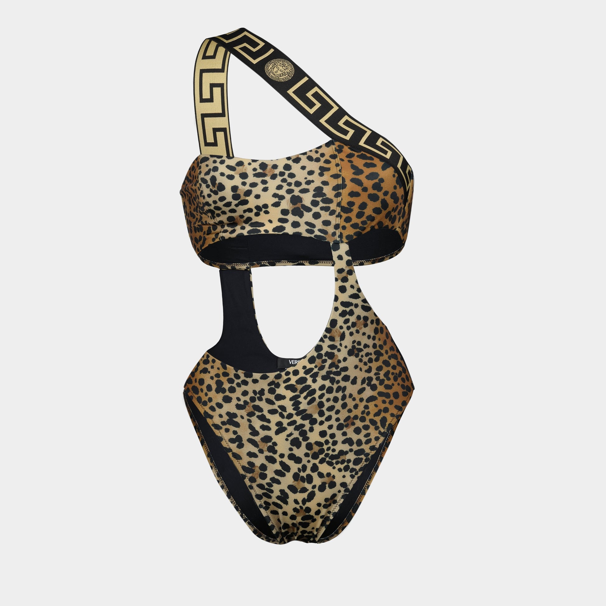 leopard swimsuit, asymmetrical swimwear, Versace swim, designer beachwear, Medusa Greca emblem