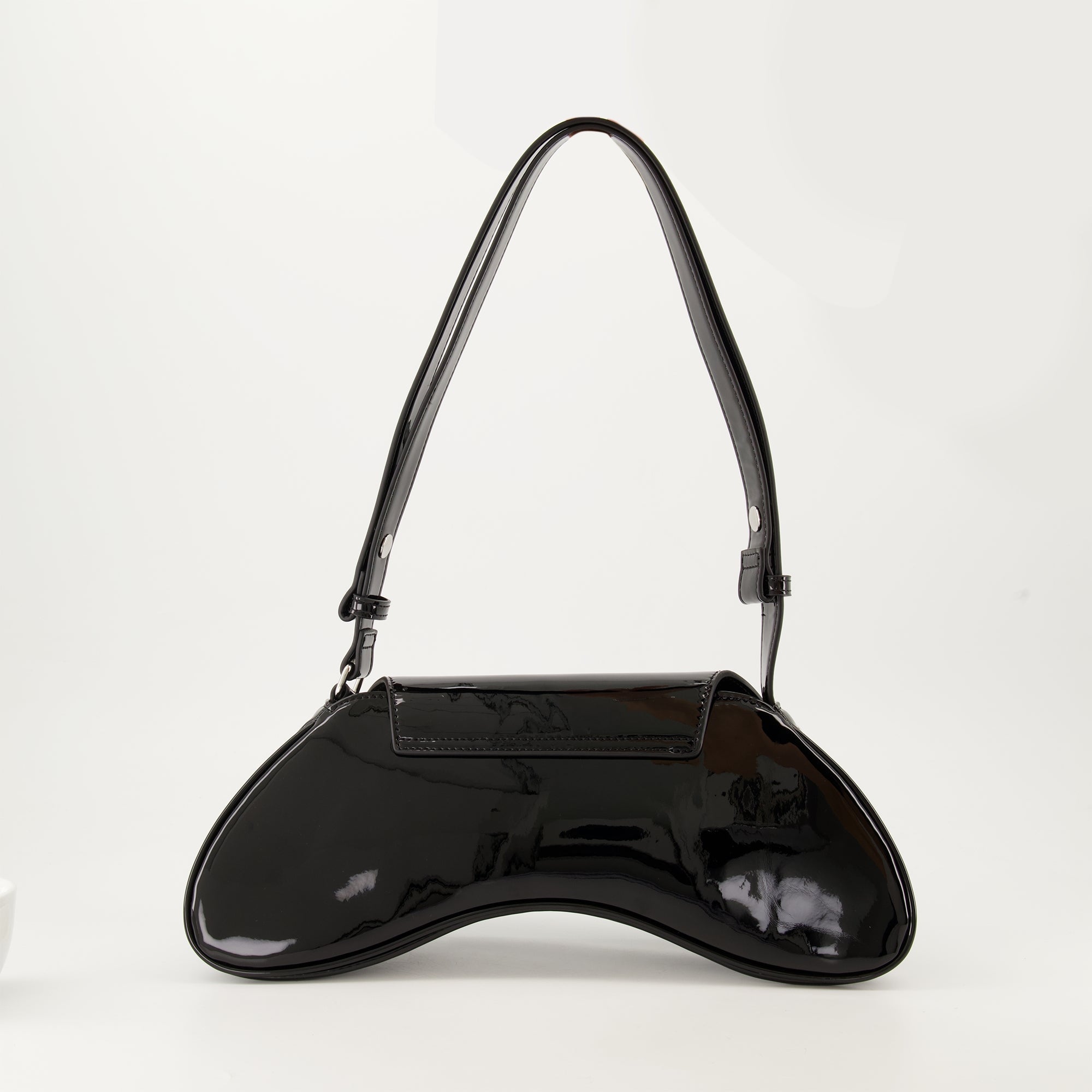 asymmetrical shoulder bag, black glossy bag, designer shoulder bag, adjustable strap bag, Diesel shoulder bag
