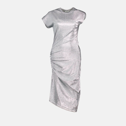 silver Lurex dress, draped dress, Rabanne Autumn-Winter 2024, round neckline dress, short sleeve dress