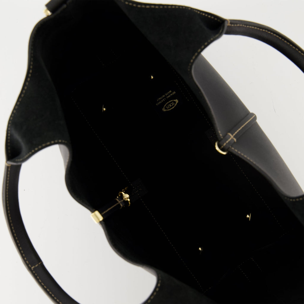Tod's Shopping Tote, black calf leather bag, adjustable shoulder strap, engraved logo tote, Autumn-Winter 2025 collection