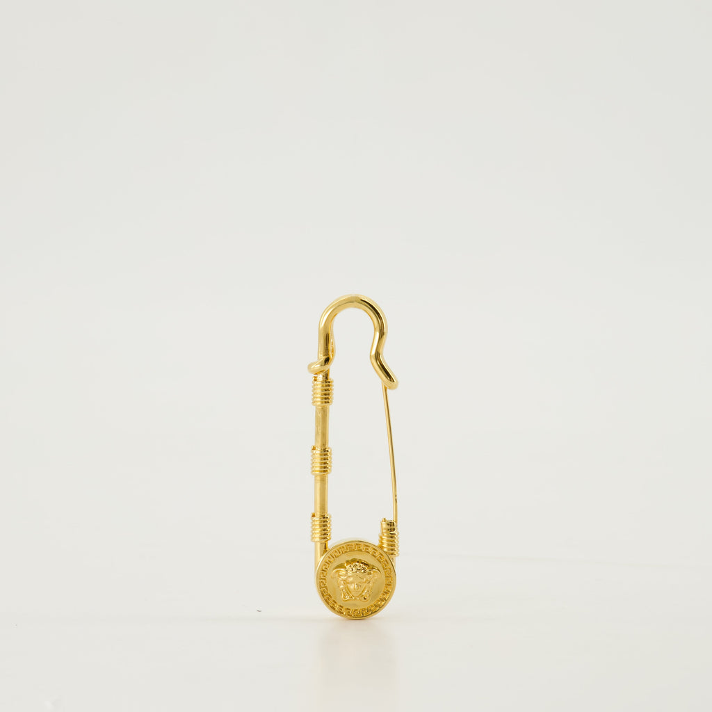 Medusa brooch, gold safety pin, Versace accessory, engraved logo brooch, vintage brass pin