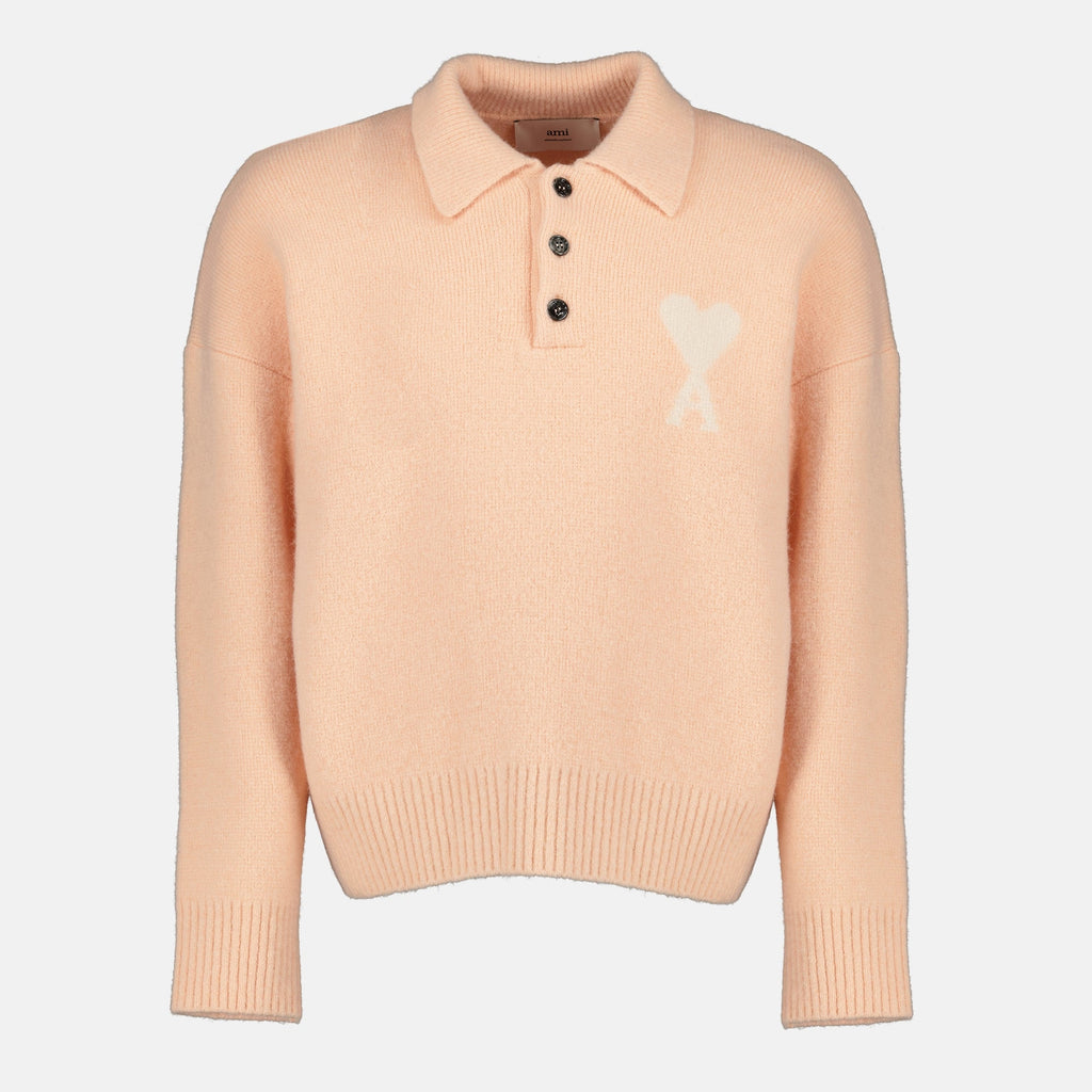 AMI PARIS polo, unisex knitwear, wool and alpaca polo, oversized polo, pale pink polo