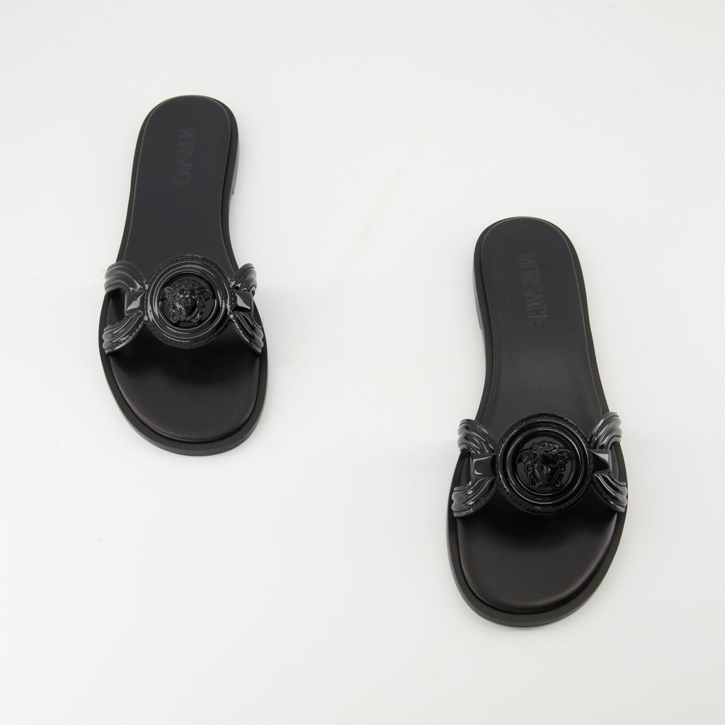 black leather slides, Medusa '95, stylish footwear, comfortable slides, luxury accessories
