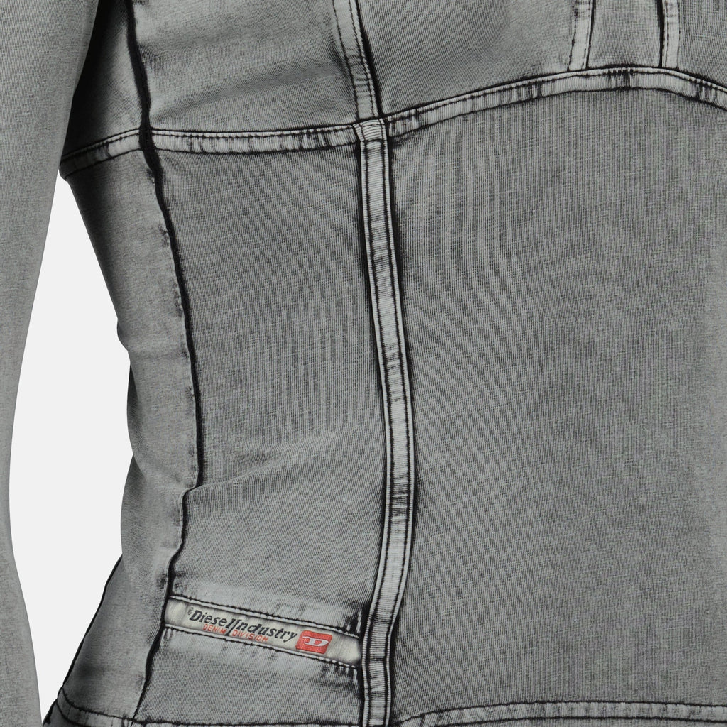 Diesel T-Elin top, denim effect top, slim fit women's top, gray jersey top, chic casual wear