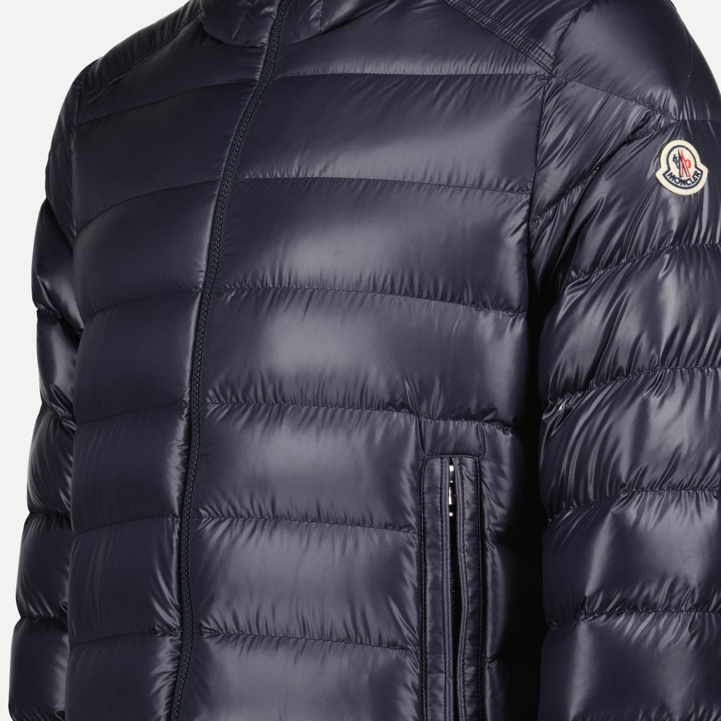 Navy nylon jacket, zip closure, adjustable hood, quilted design, autumn-winter collection