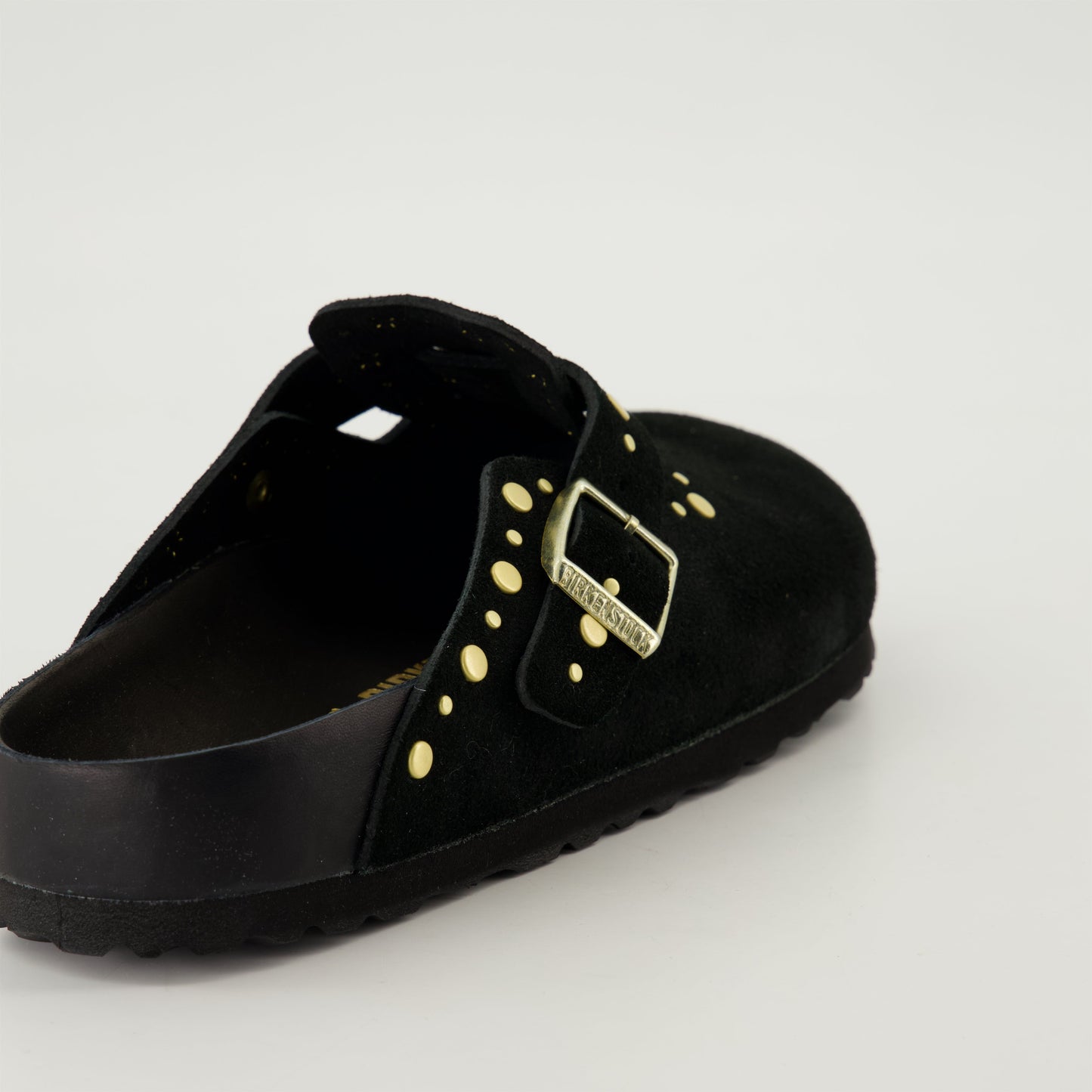 suede mules, gold studded mules, Boston mules, slip-on shoes, anatomical footbed