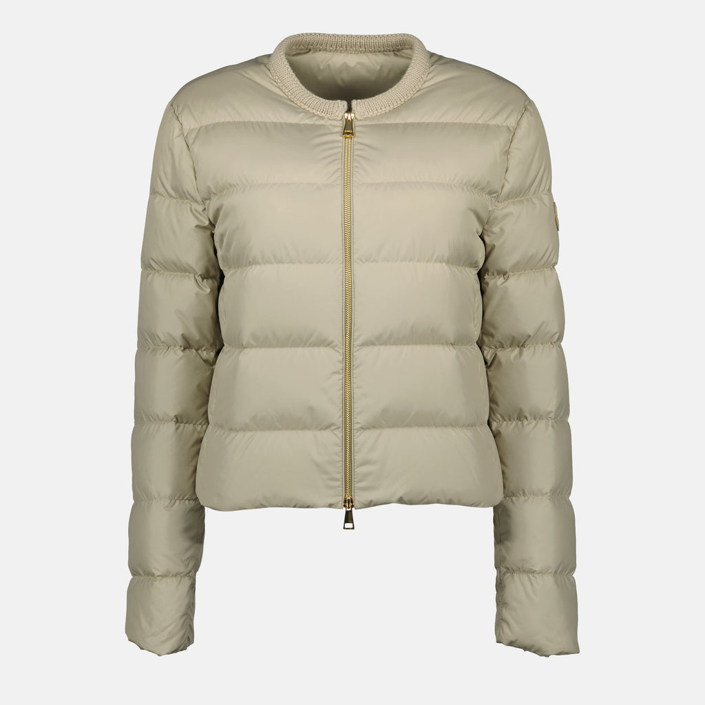Moncler jacket, beige down jacket, Autumn-Winter collection, women's outerwear, cozy wool blend