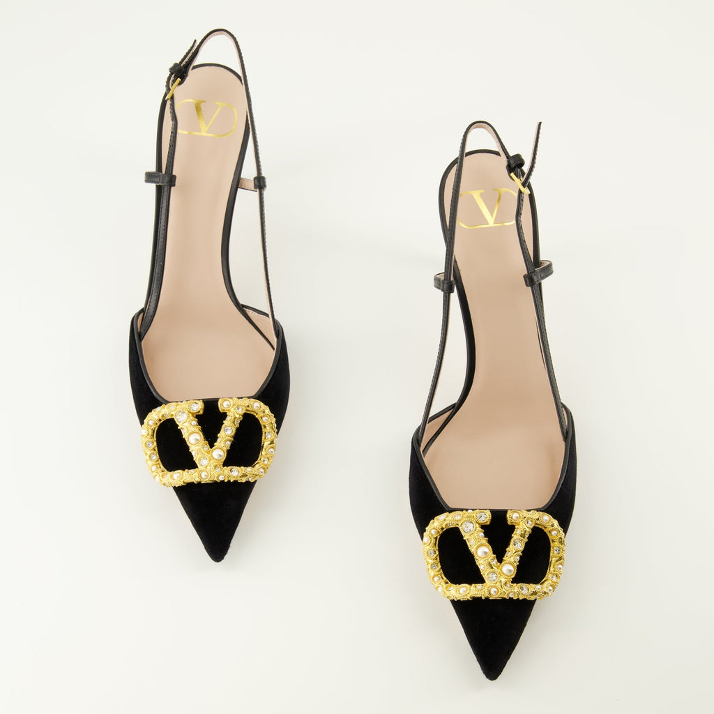 Valentino Garavani pumps, black velvet VLogo shoes, luxury pumps, designer footwear, pointed toe pumps