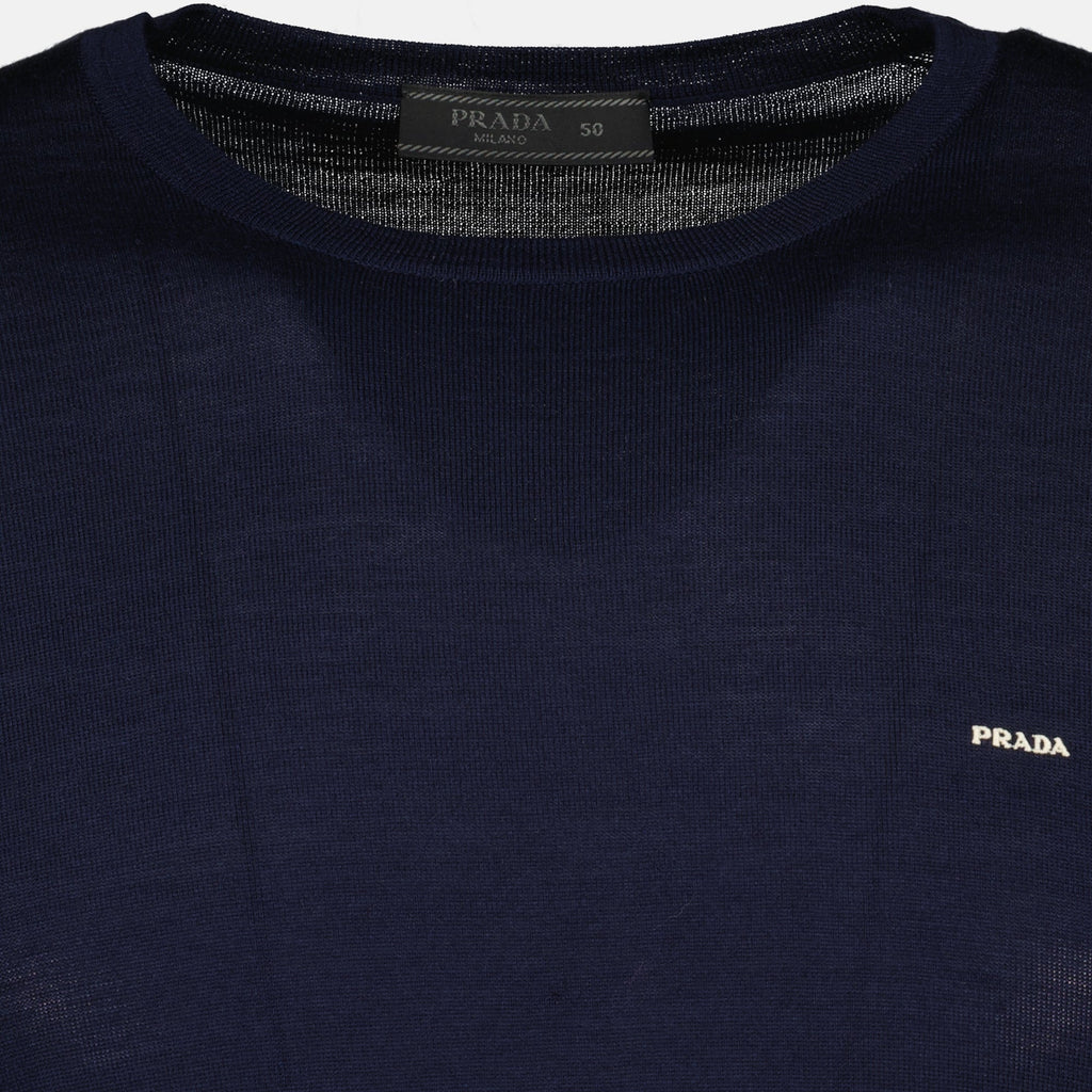 Image of Fine Wool Navy Sweater by Prada for Men - Season Spring-Summer 2026 - Detail View 1