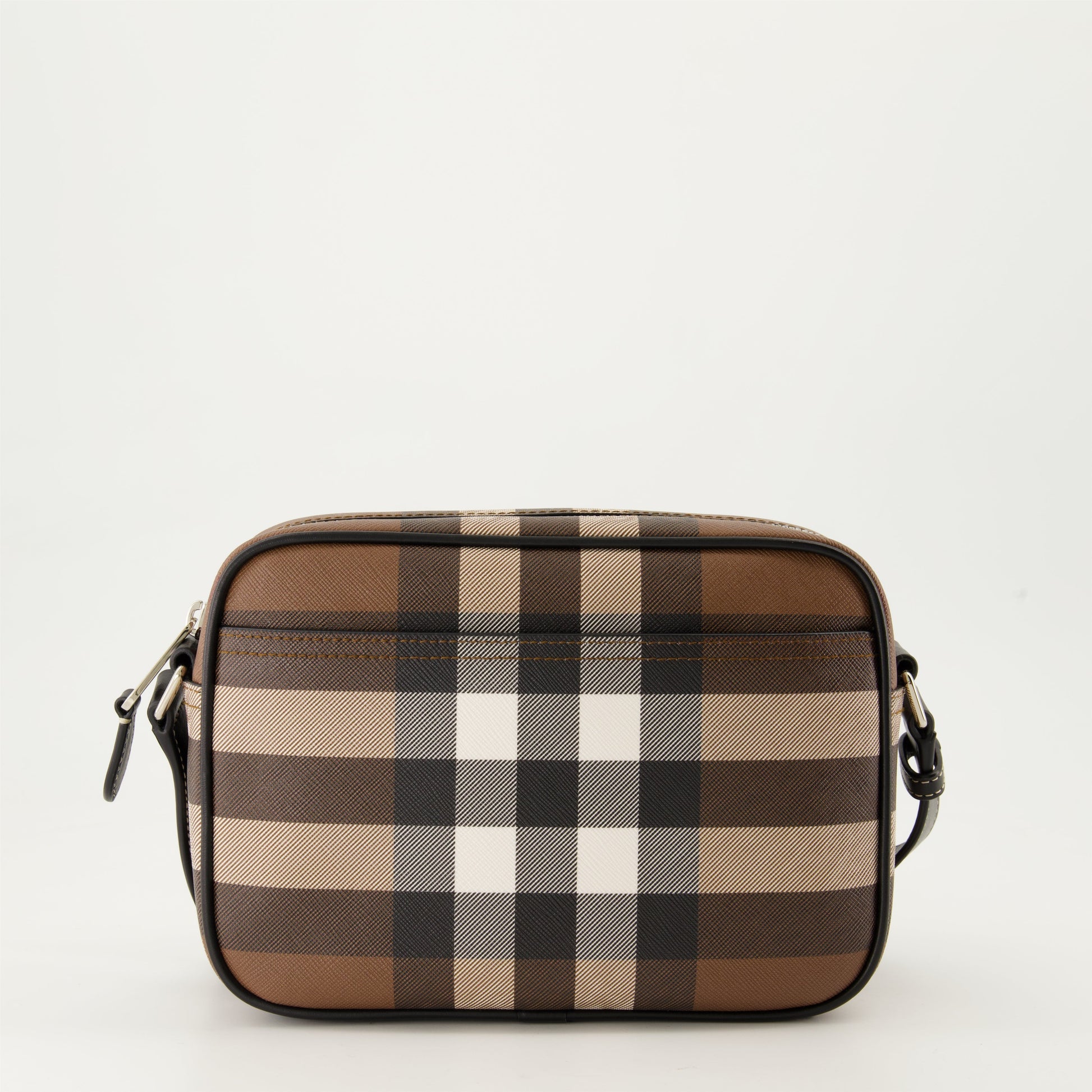 checkered shoulder bag, brown bag, adjustable strap bag, leather trim bag, luxury men's bag