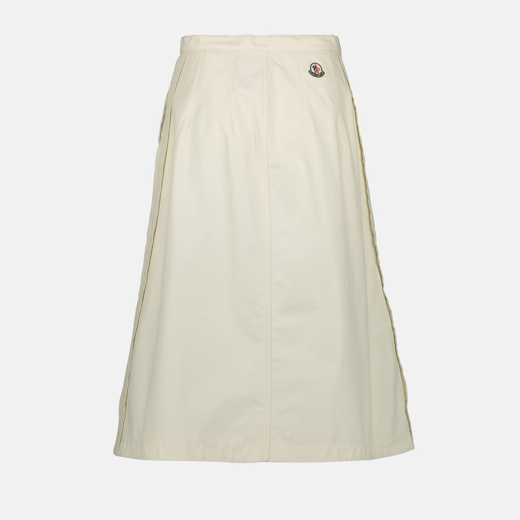 beige skirt, Moncler fashion, midi length skirt, women's wear, technical fabric skirt