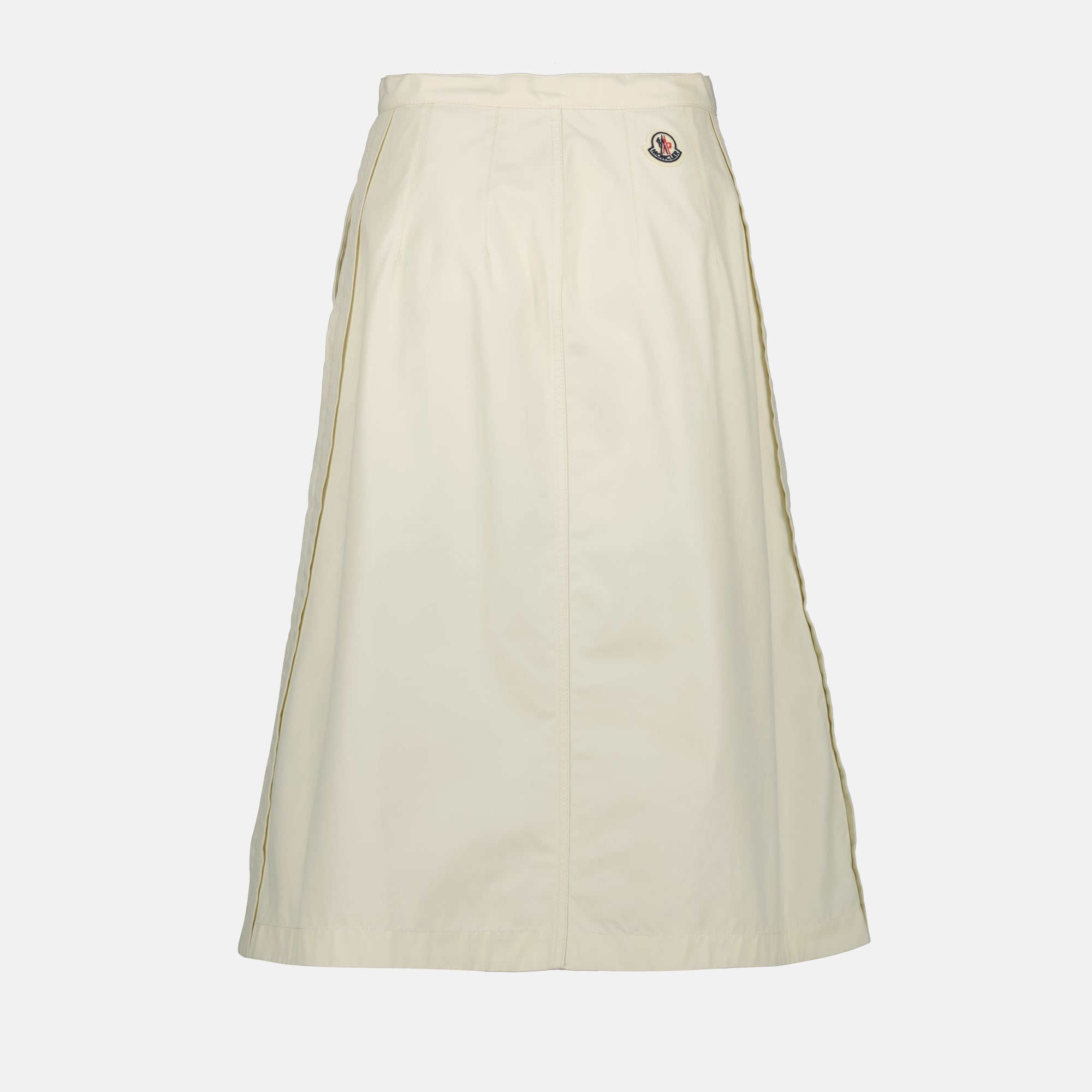beige skirt, Moncler fashion, midi length skirt, women's wear, technical fabric skirt