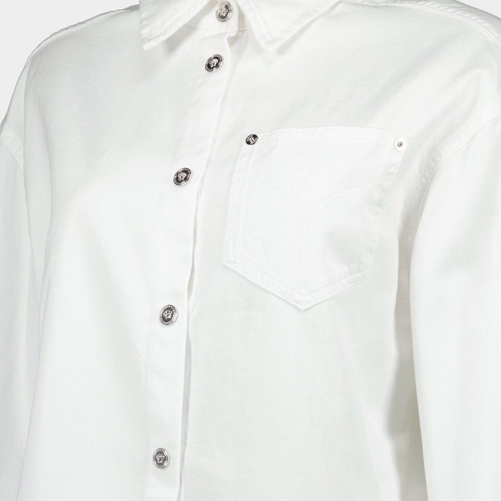 Versace denim shirt, Medusa 95, white denim, puff sleeve shirt, metal accent shirt