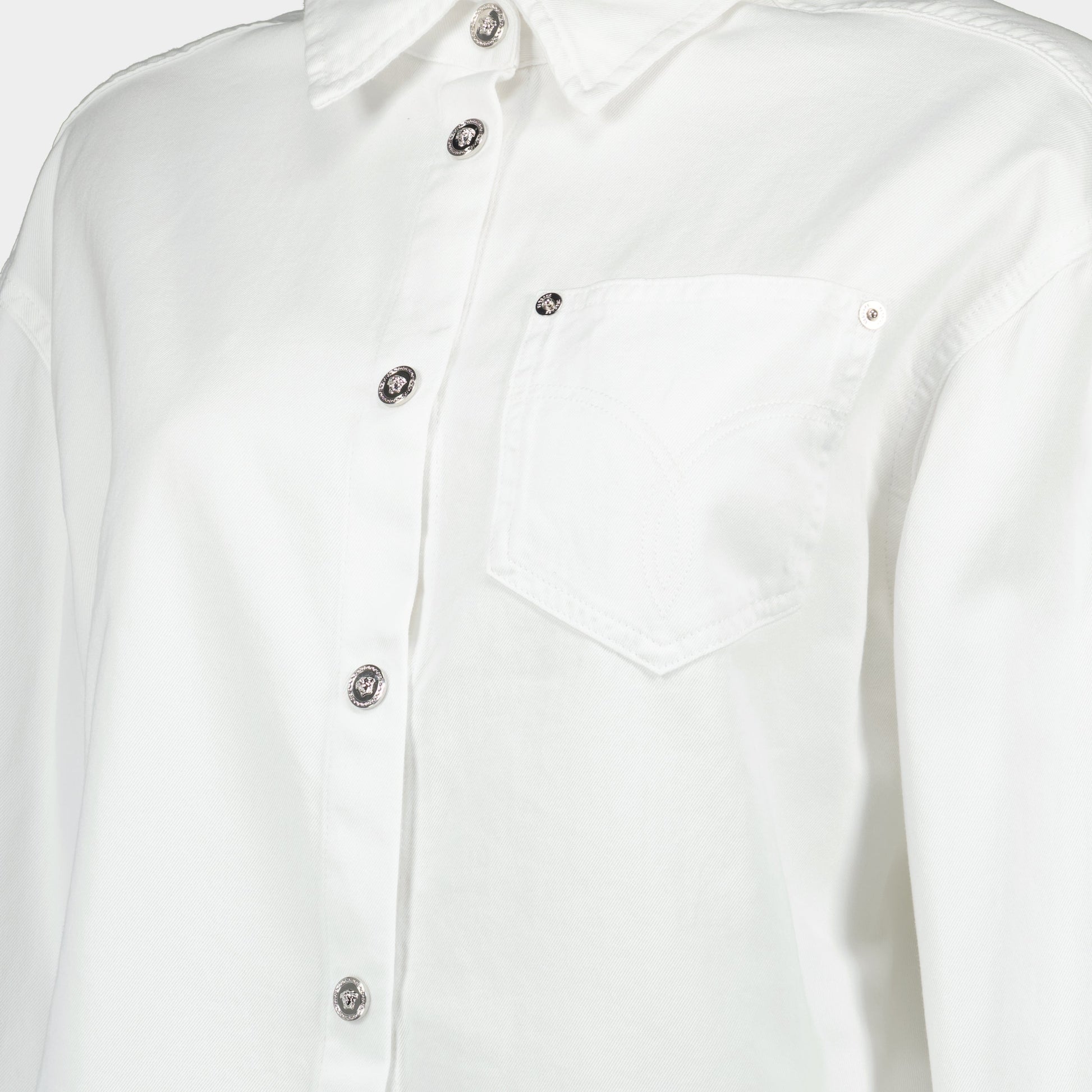 Versace denim shirt, Medusa 95, white denim, puff sleeve shirt, metal accent shirt