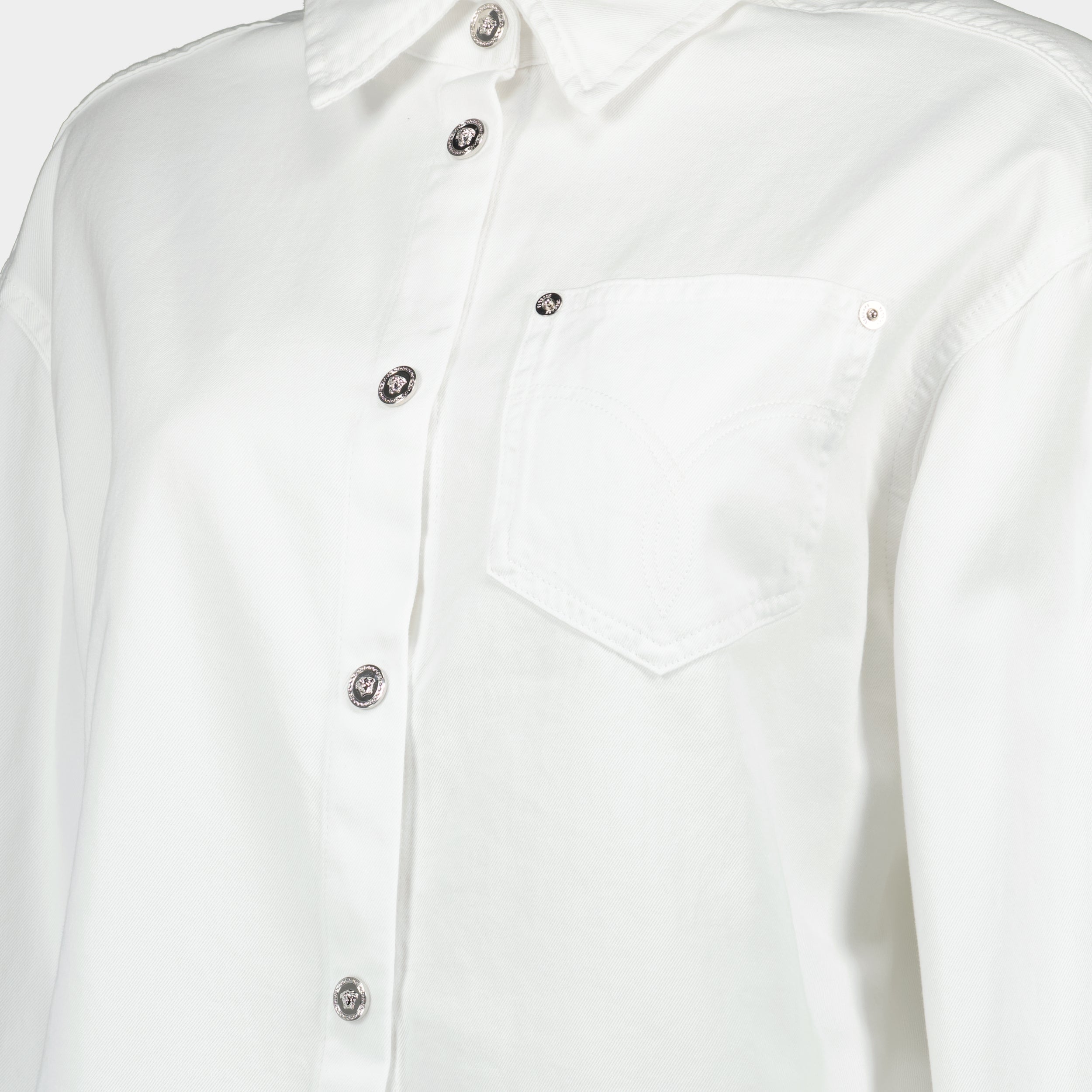 Versace denim shirt, Medusa 95, white denim, puff sleeve shirt, metal accent shirt