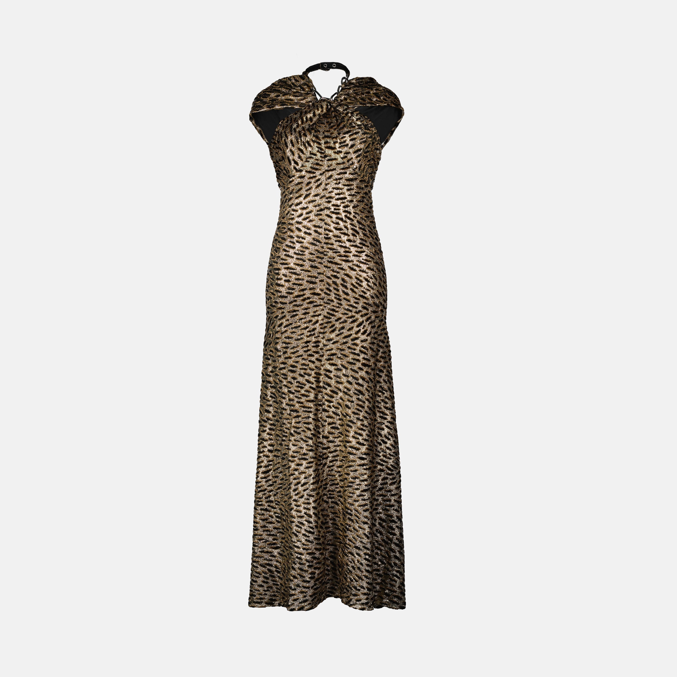 leopard print dress, lurex dress, long dress, chic evening wear, modern silhouette