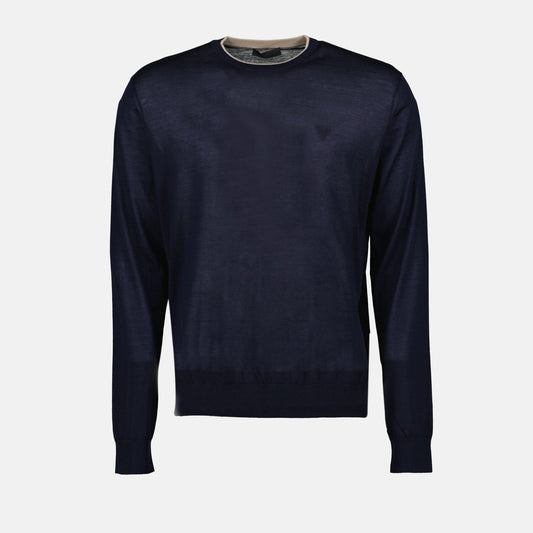 Prada sweater, fine wool sweater, silk blend sweater, blue crew neck sweater, luxury knitwear