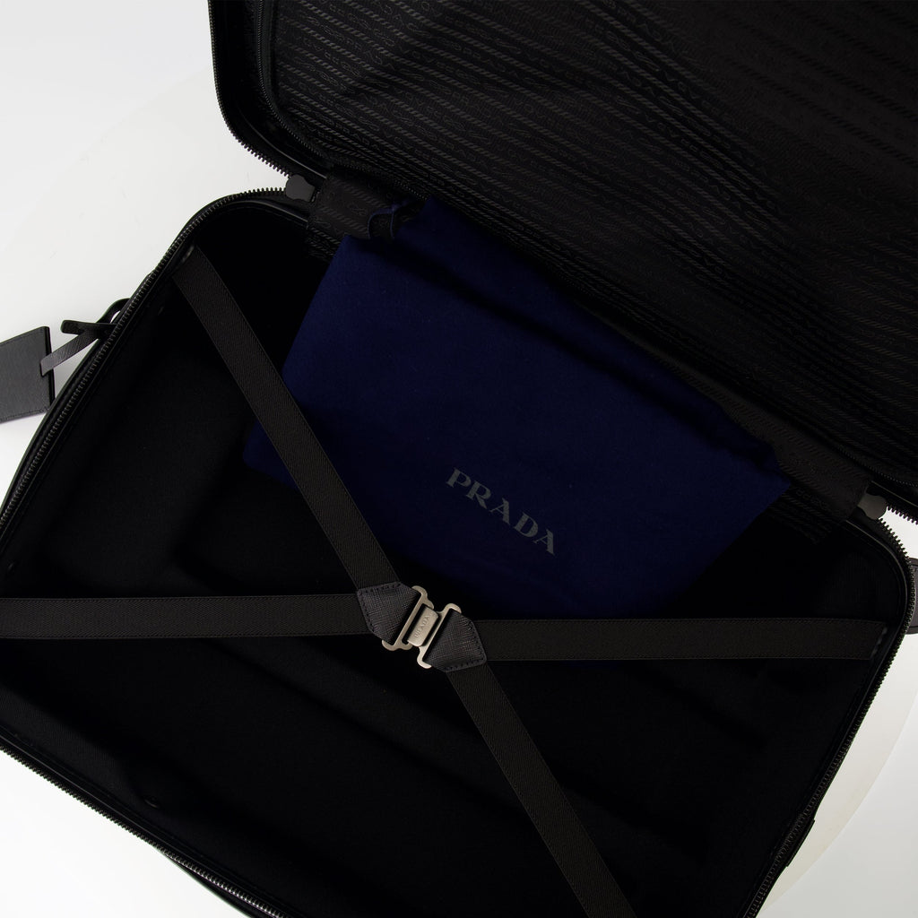leather rolling luggage, Prada, travel accessories, cabin luggage, luxury travel bag