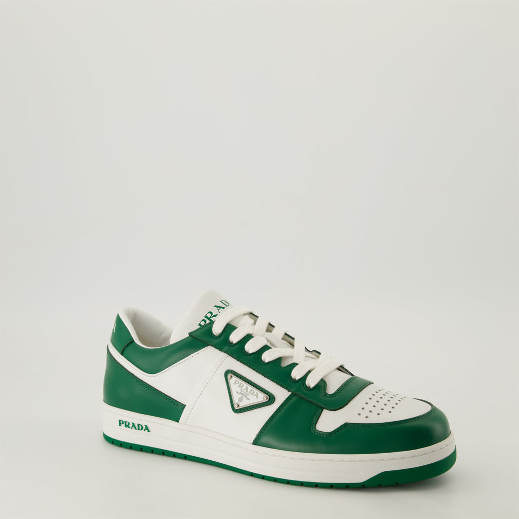 Image of Green and White Leather Sneakers by Prada for Men - Season Autumn-Winter 2024 - Front Right Three-Quarter View