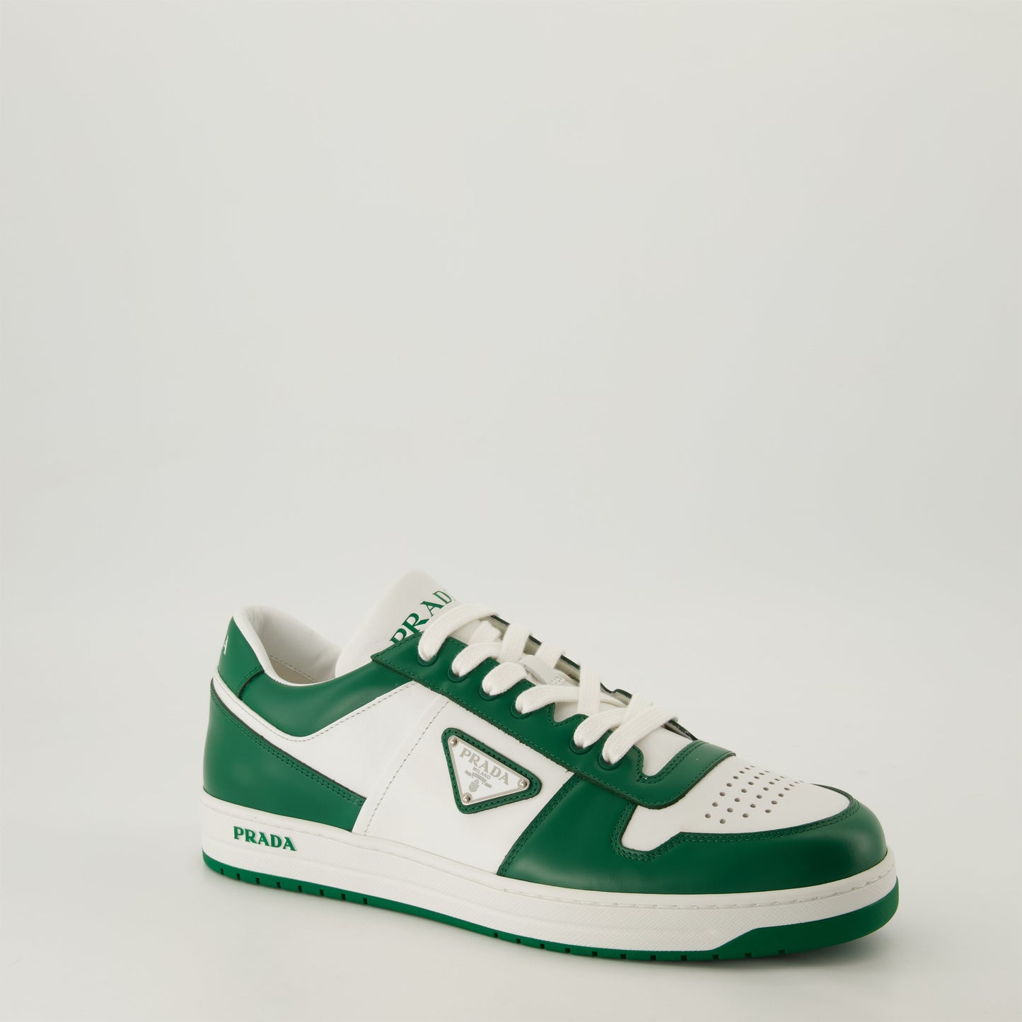 Prada sneakers, leather sneakers, green and white sneakers, designer footwear, Autumn-Winter 2024