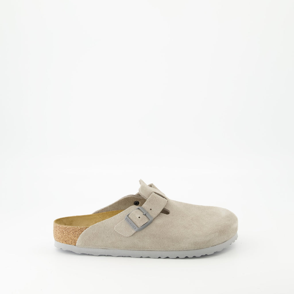 Boston Mules, Birkenstock, gray mules, comfortable footwear, nubuck leather
