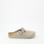 Boston Mules, Birkenstock, gray mules, comfortable footwear, nubuck leather