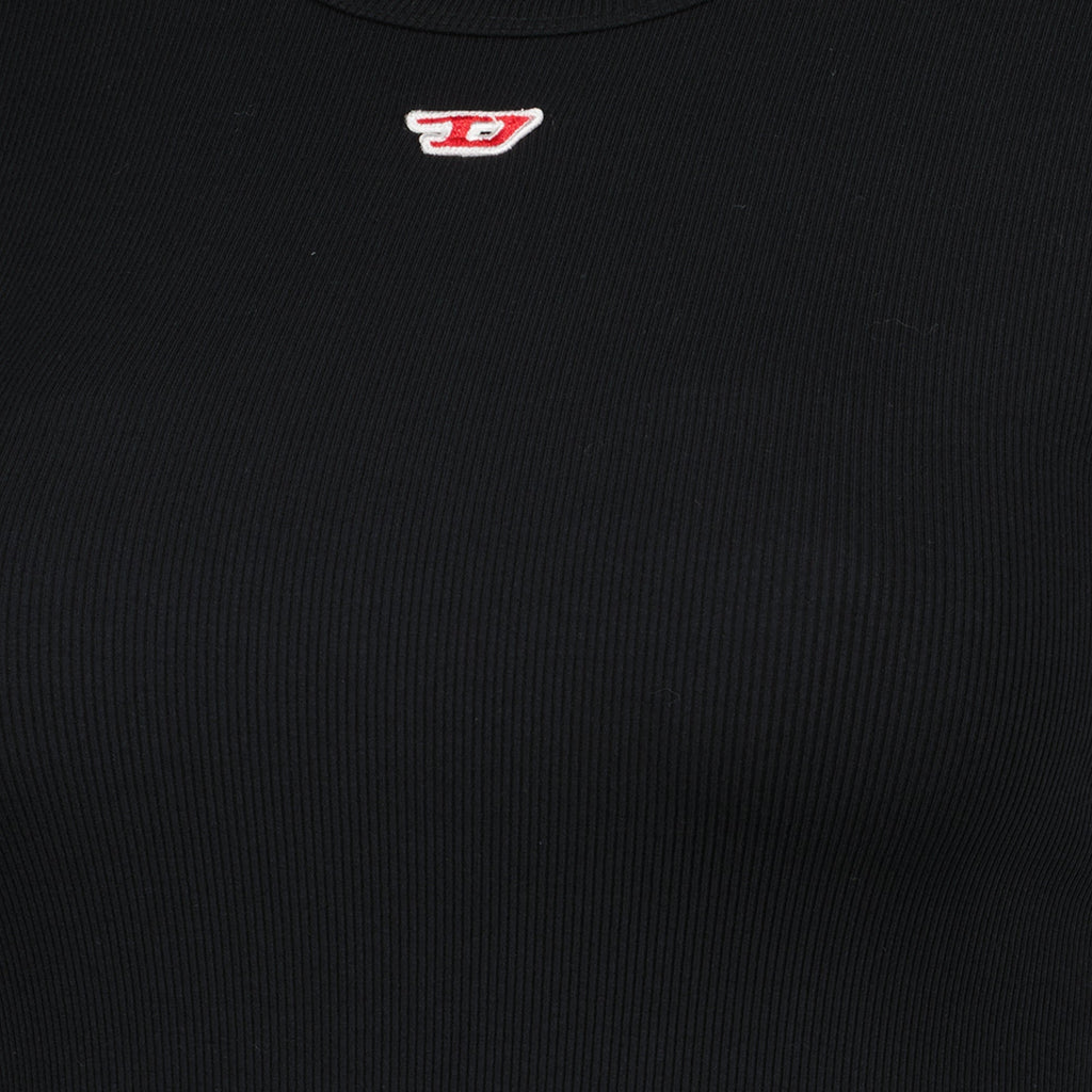Diesel black t-shirt, T-Ele-Long tee, embroidered logo t-shirt, women’s slim fit t-shirt, casual chic t-shirt
