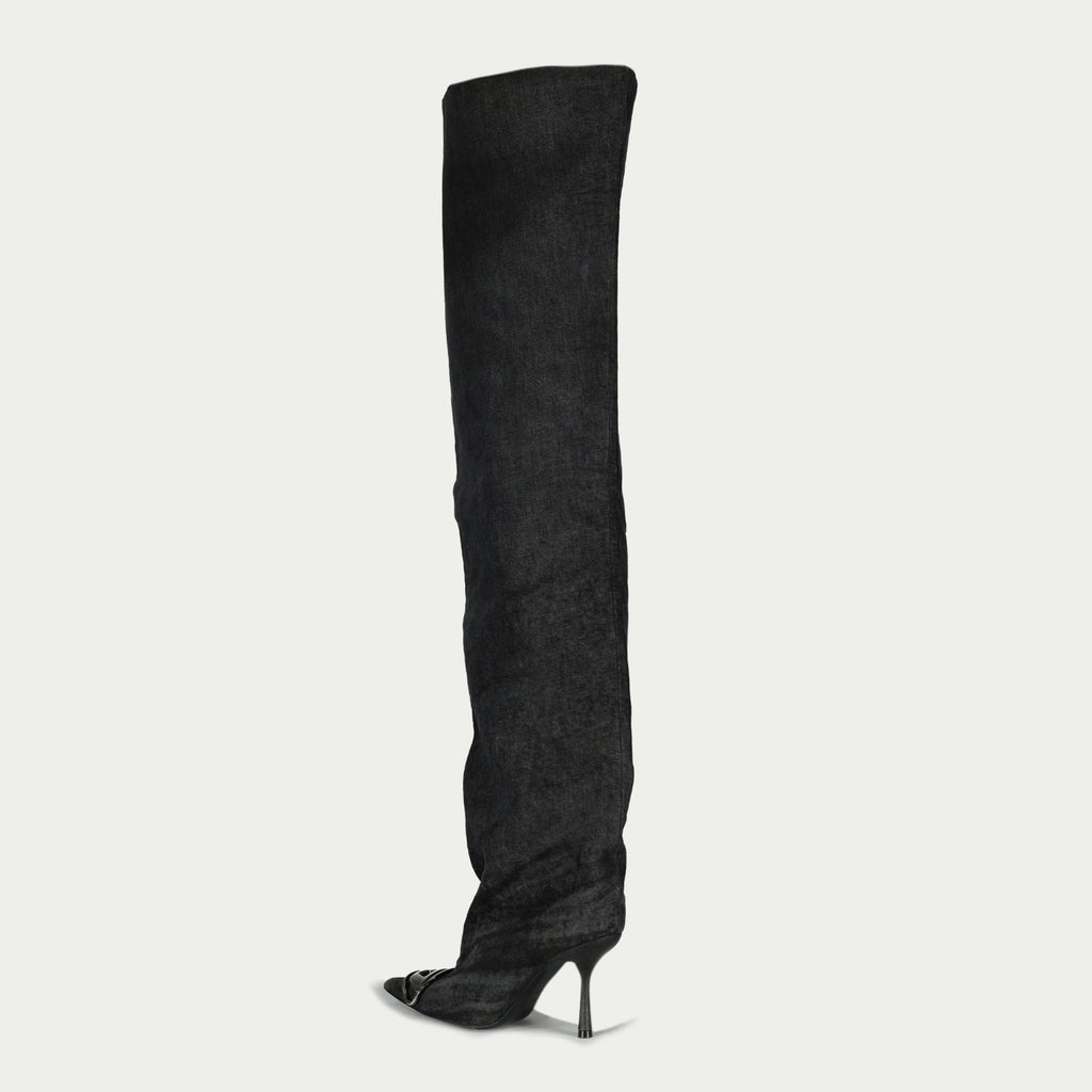 thigh-high boots, denim boots, black washed boots, Diesel footwear, autumn winter collection
