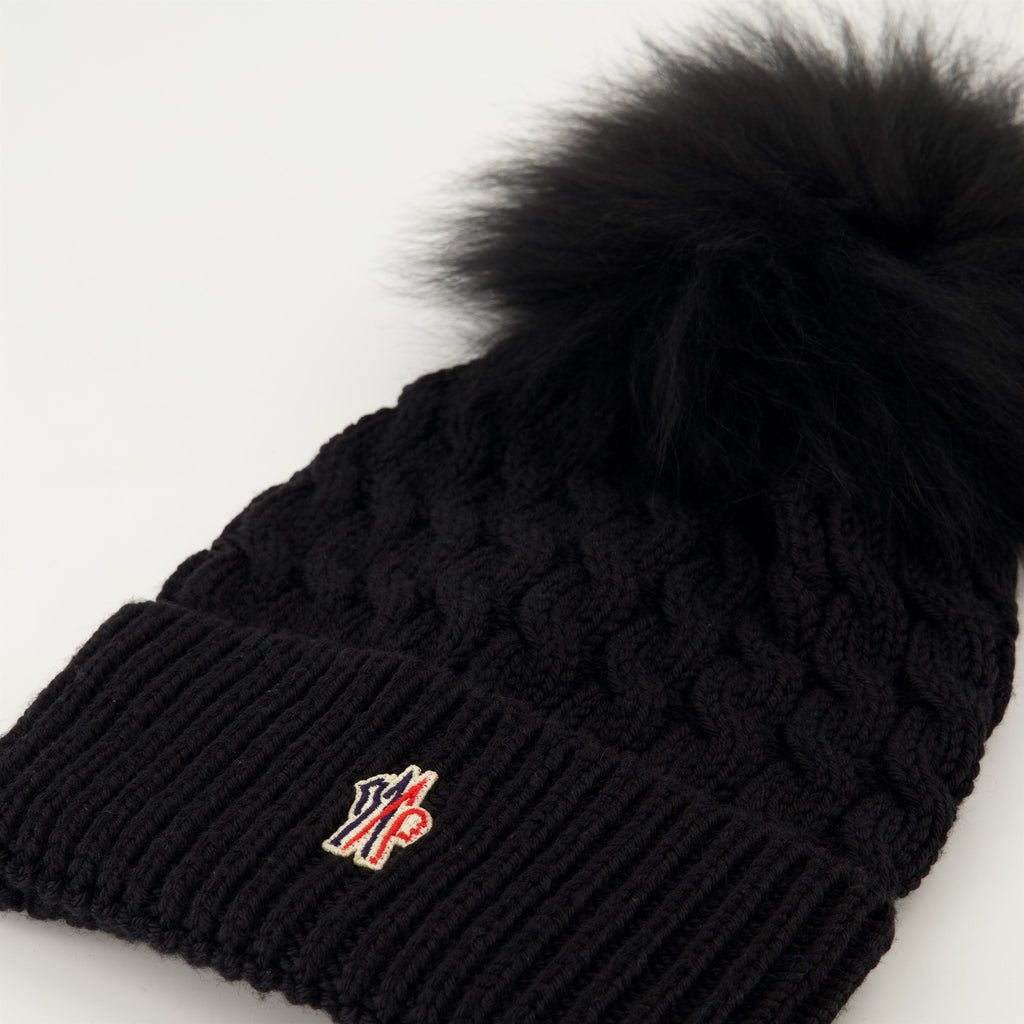 Black beanie, Pom-pom hat, Ribbed wool, Moncler Grenoble, Cold weather accessory