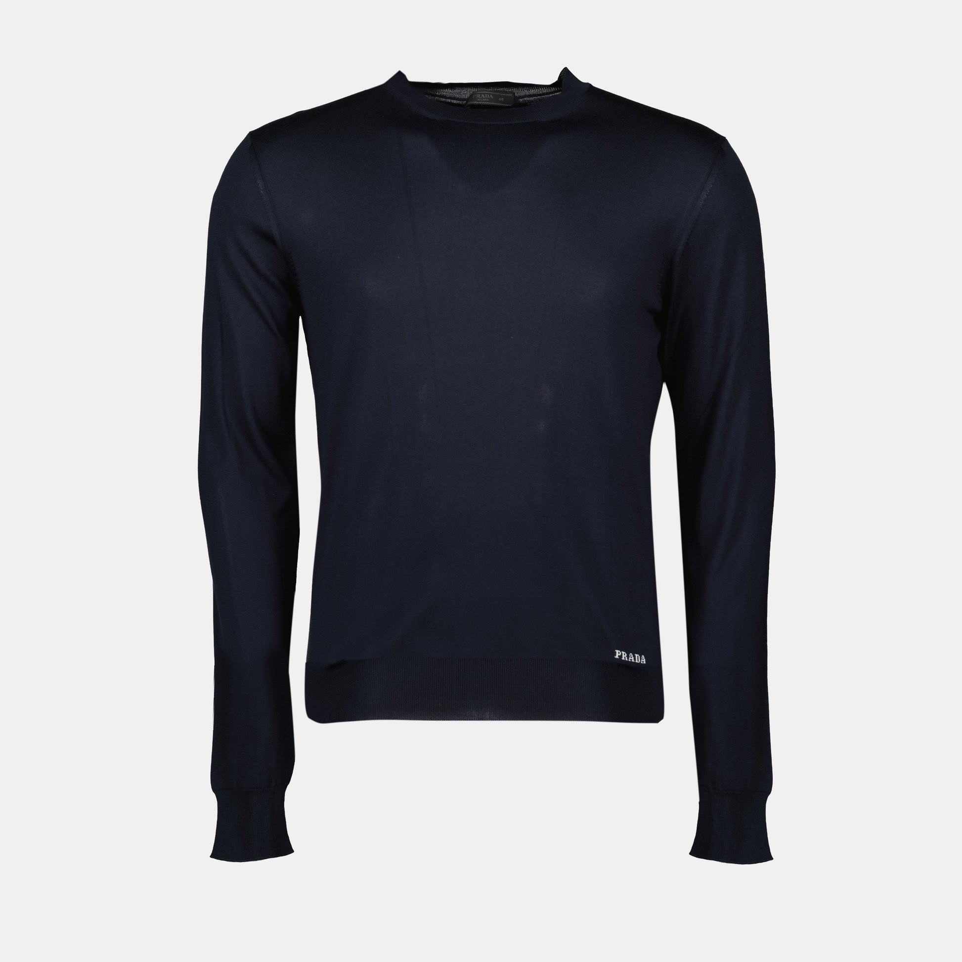 blue silk sweater, Prada sweater, spring-summer fashion, men's knitwear, embroidered logo jumper