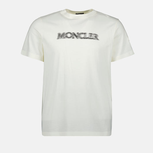 Moncler t-shirt, white logo tee, cotton t-shirt, casual wear, contemporary fashion