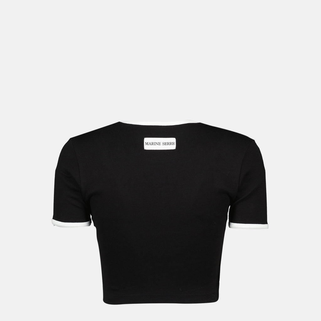 Marine Serre crop top, black cotton top, designer women's wear, short sleeve top, autumn winter fashion