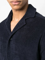 Terry cotton shirt, Orlebar Brown shirt, luxury fashion, navy shirt, organic fabric