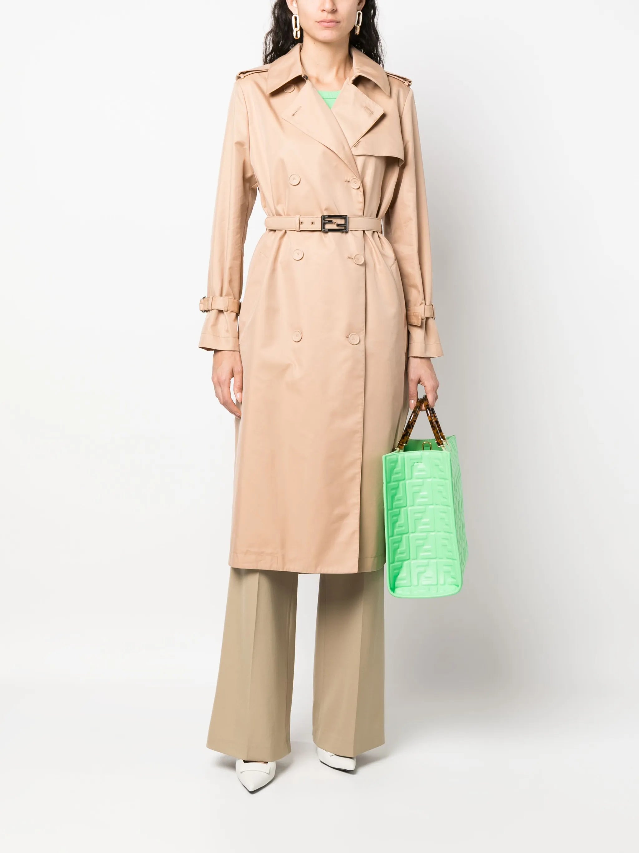 Image of Double-Breasted Beige Trench Coat by Fendi for Women - Season Spring-Summer 2023 - Model view 1