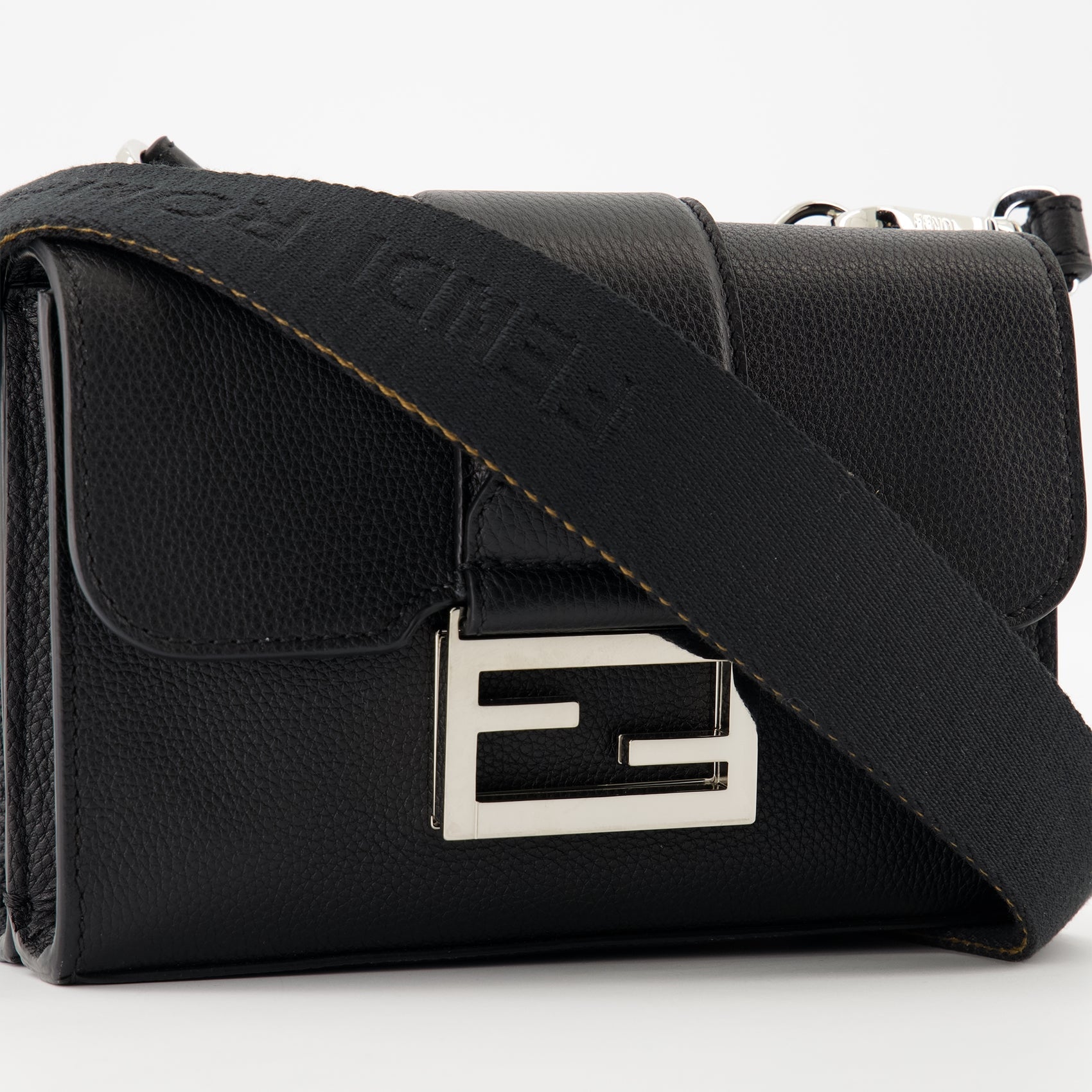 Fendi bag, Double Baguette, black leather bag, adjustable shoulder strap, modern accessories
