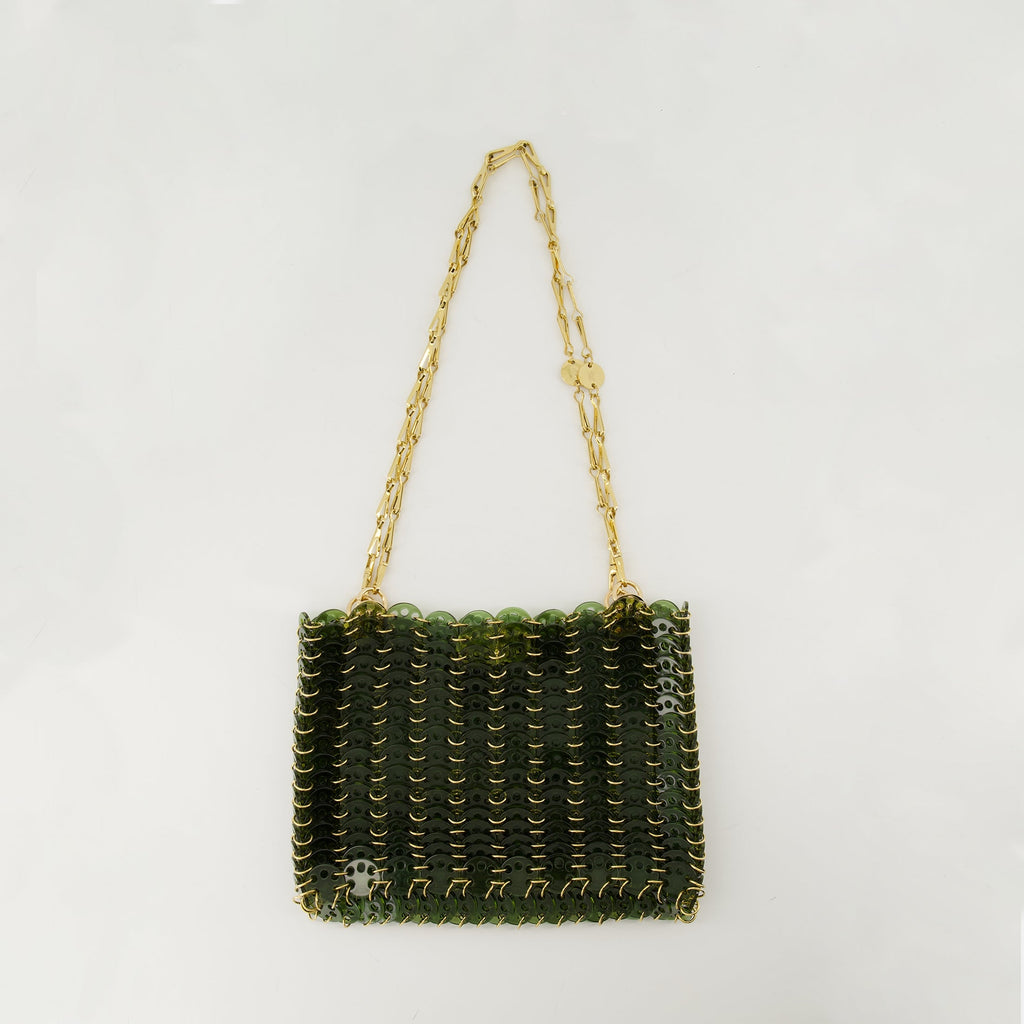 1969 bag, green and gold bag, acrylic shoulder bag, designer accessory, statement handbag