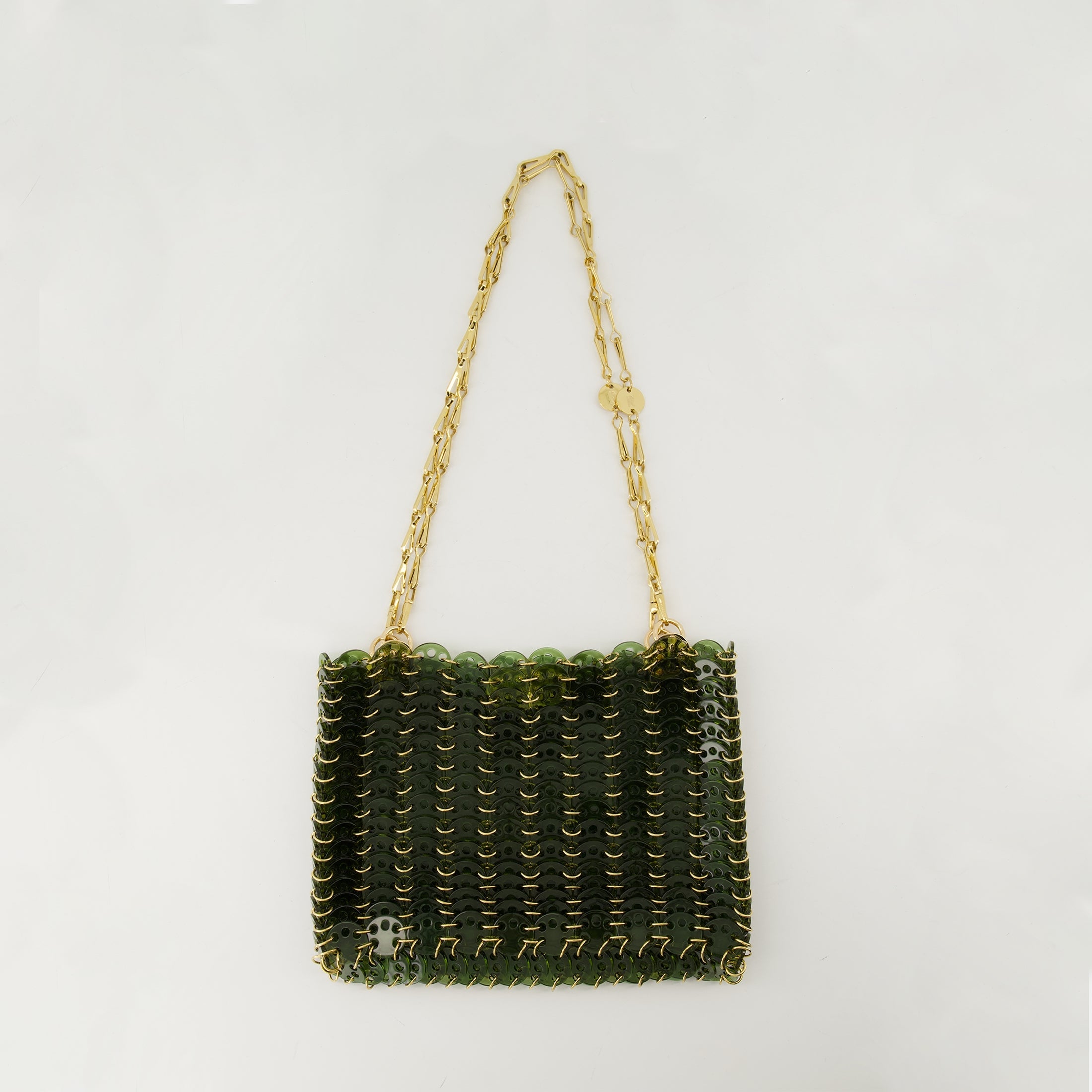 1969 bag, green and gold bag, acrylic shoulder bag, designer accessory, statement handbag
