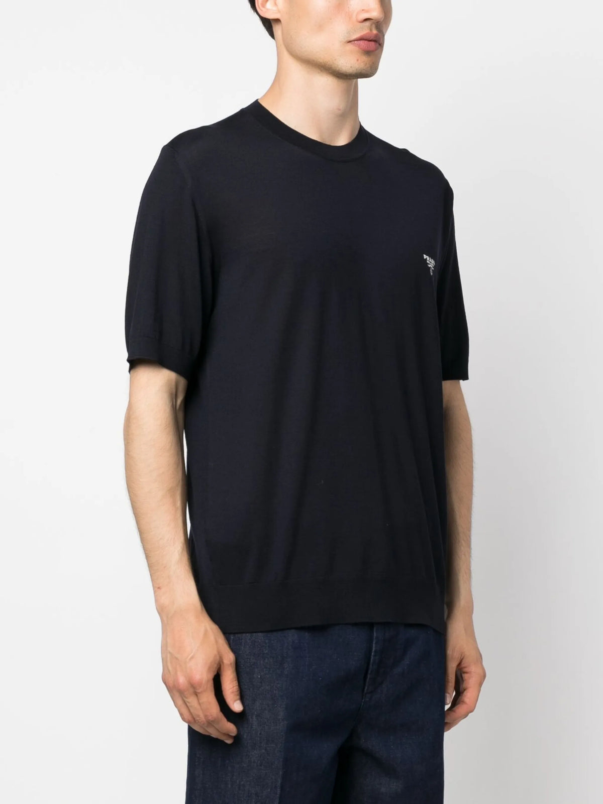 Image of Fine Wool T-Shirt Navy Blue by Prada for Men - Season Spring-Summer 2026 - Model View 2