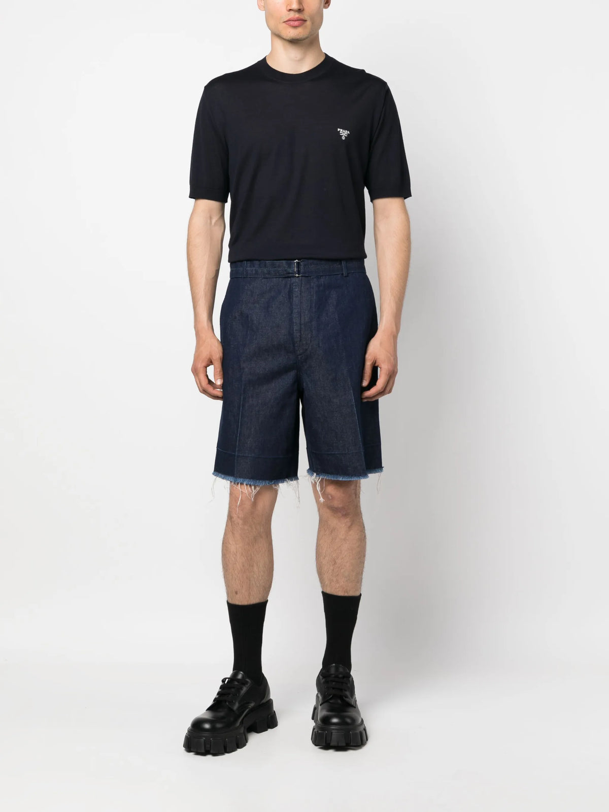 Image of Fine Wool T-Shirt Navy Blue by Prada for Men - Season Spring-Summer 2026 - Model View 1
