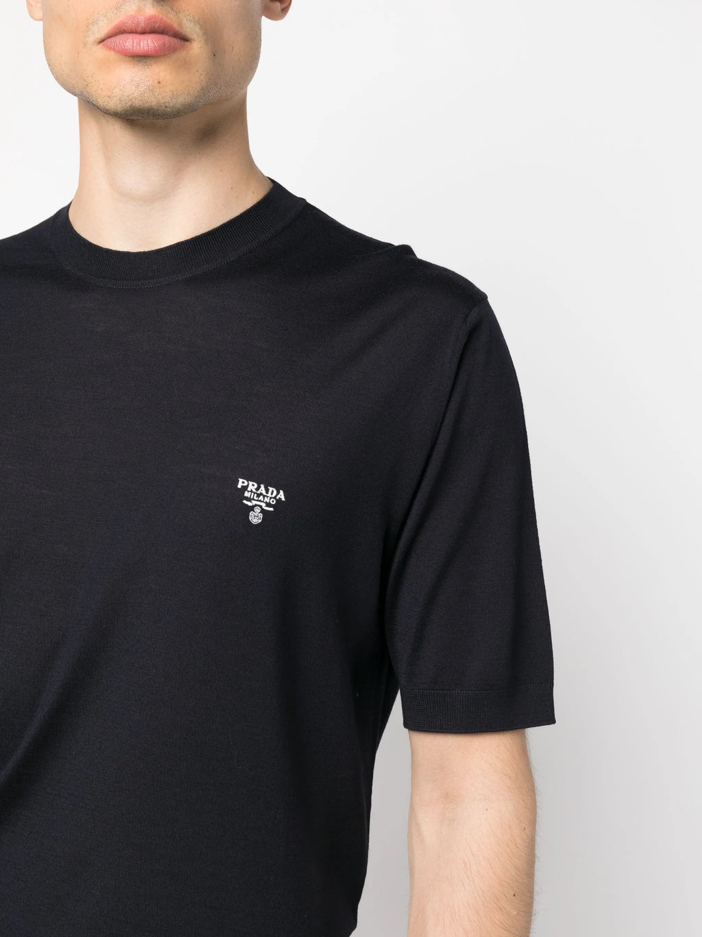 Image of Fine Wool T-Shirt Navy Blue by Prada for Men - Season Spring-Summer 2026 - Model View 4