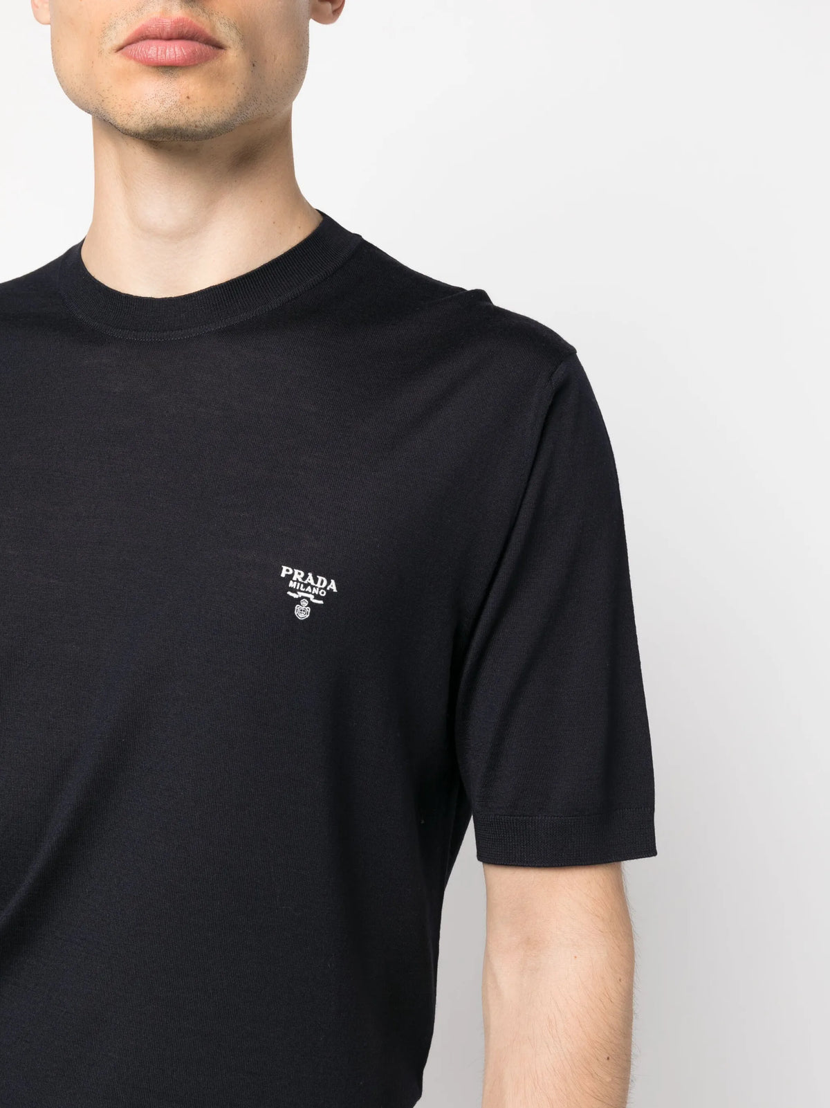 Image of Fine Wool T-Shirt Navy Blue by Prada for Men - Season Spring-Summer 2026 - Model View 4