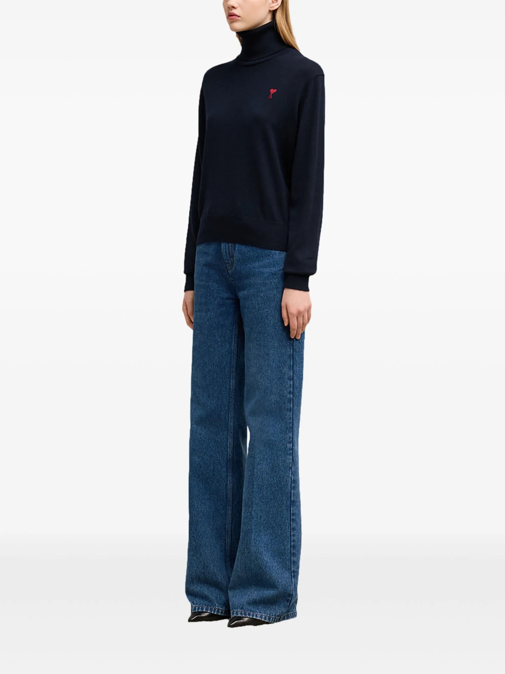 Image of Navy Ami de Coeur Turtleneck Sweater by Ami PARIS for Women - Season Autumn-Winter 2024 - Model view 2
