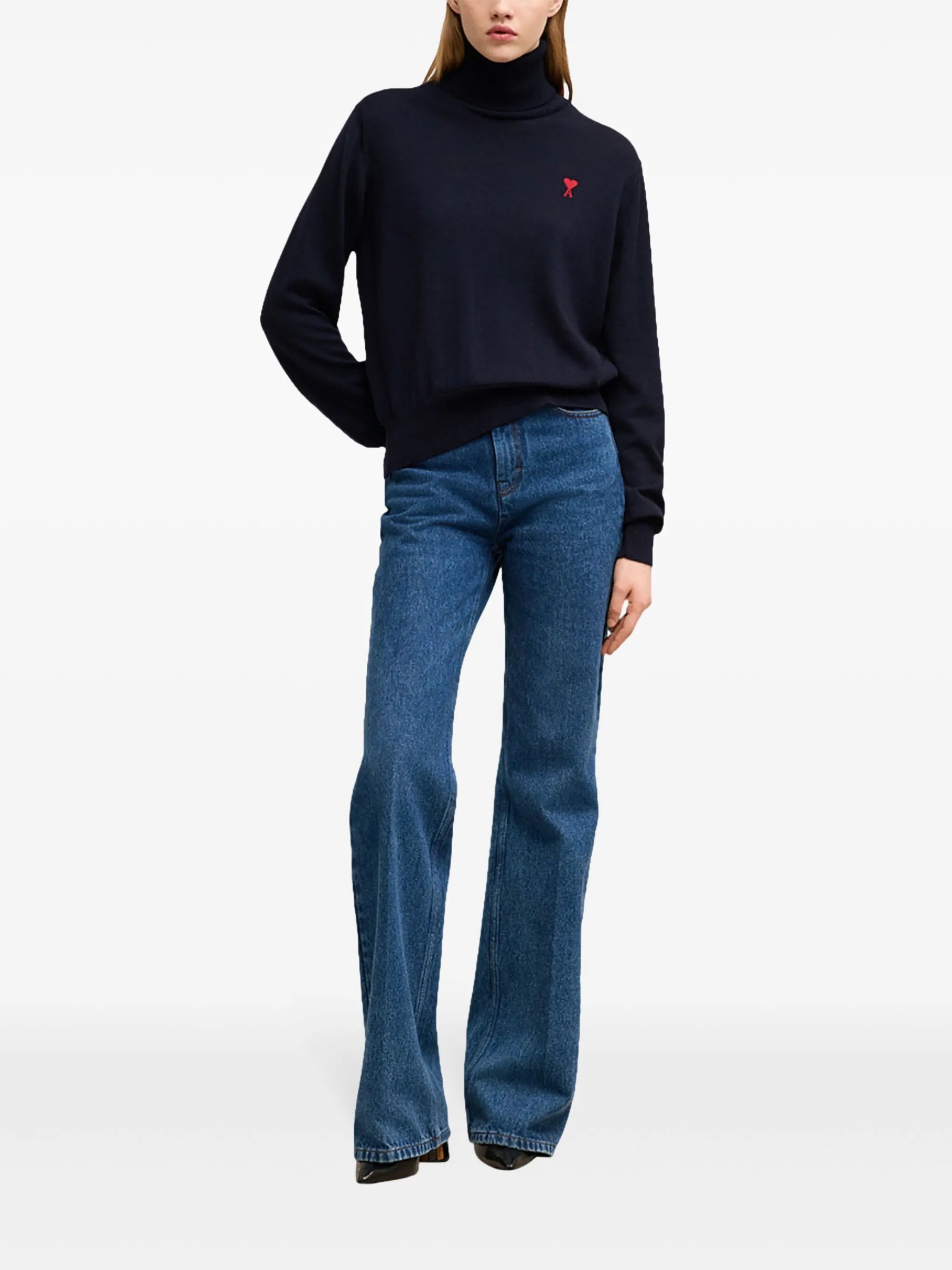 Image of Navy Ami de Coeur Turtleneck Sweater by Ami PARIS for Women - Season Autumn-Winter 2024 - Model view 1