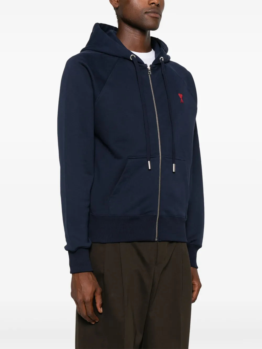 ネイビーのジップアップスウェットシャツ
