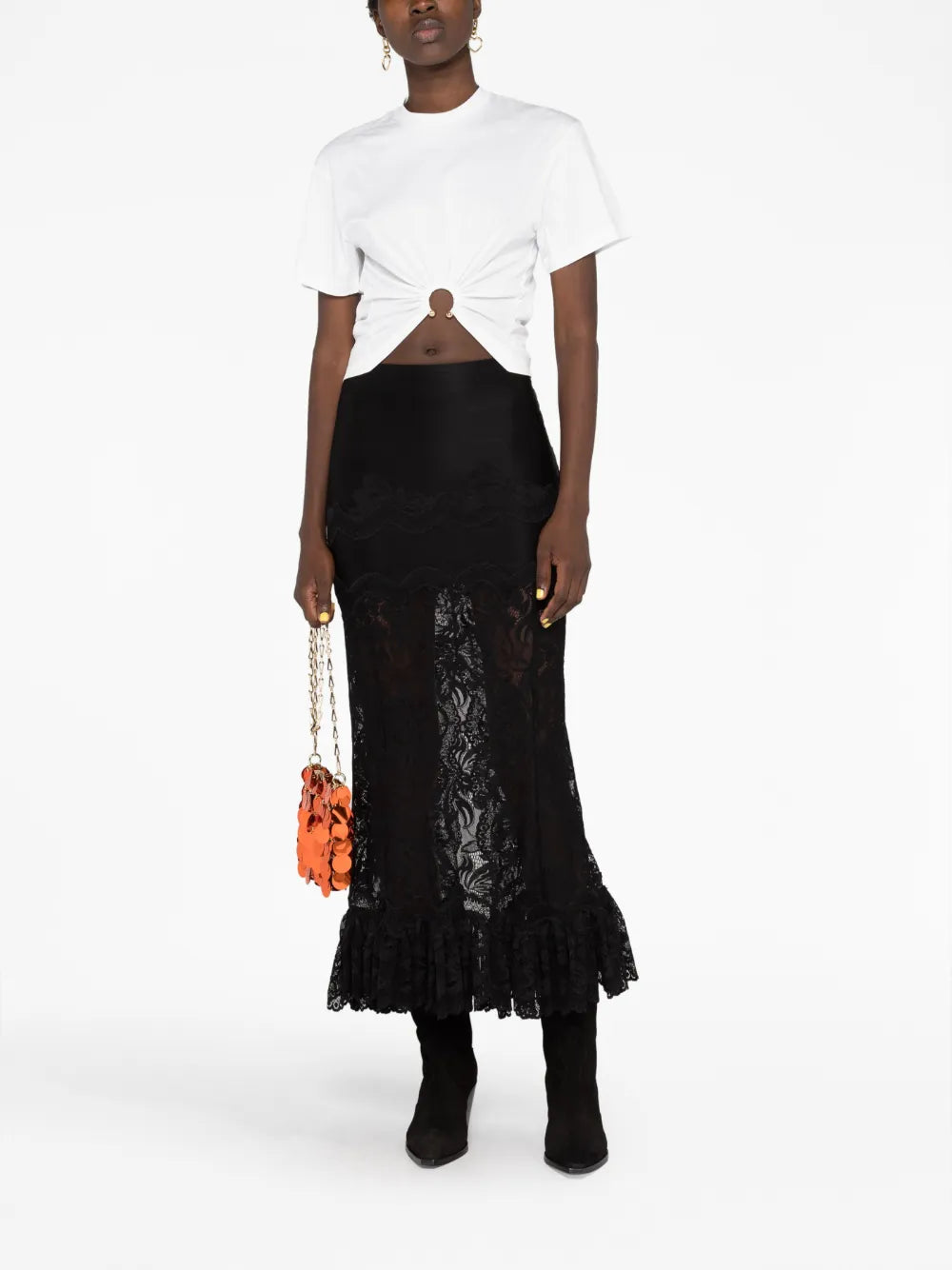 white crop T-shirt, gold ring detail, autumn collection, pleated edge, cotton top