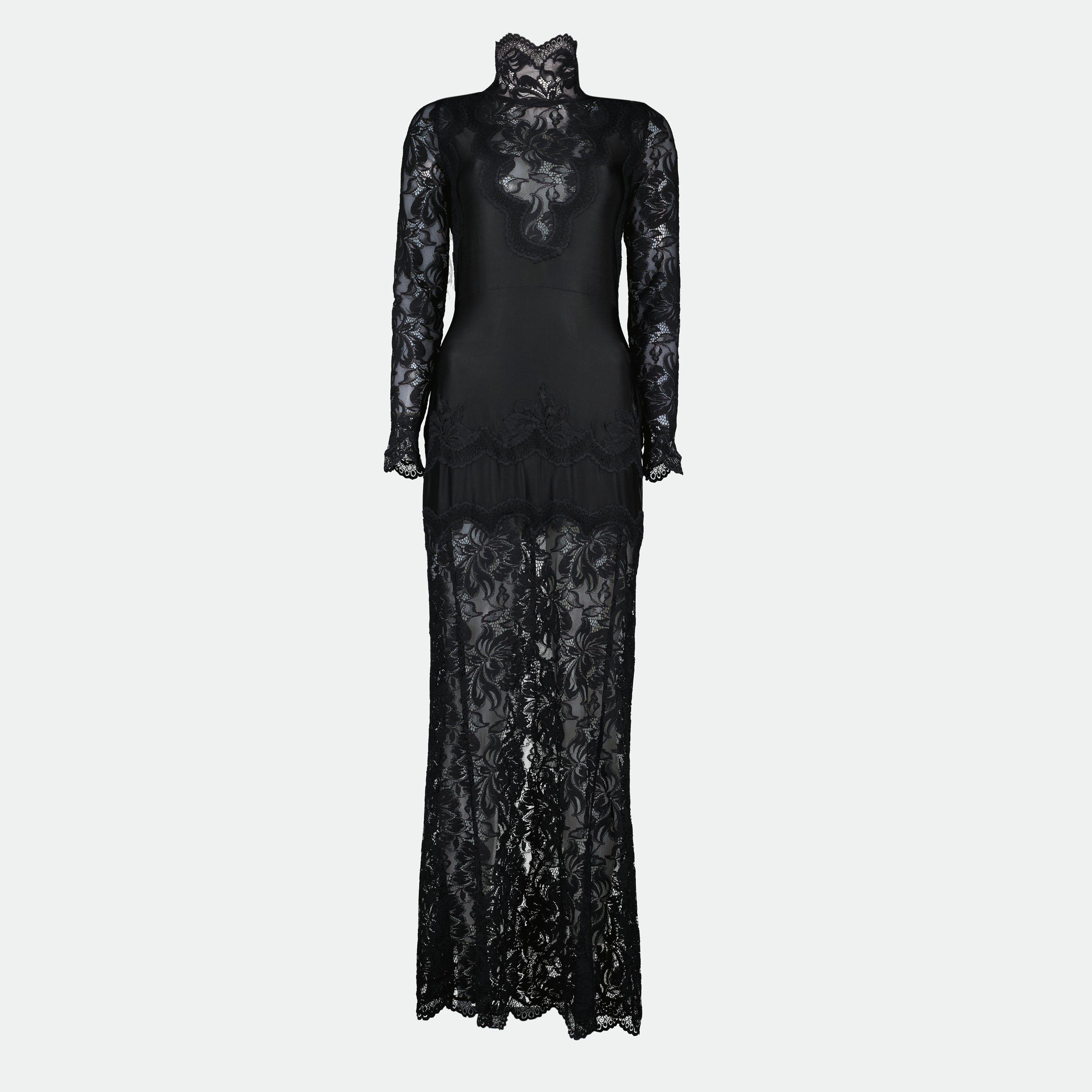 black lace dress, Rabanne dress, long sleeve dress, ankle length dress, embroidered lace dress