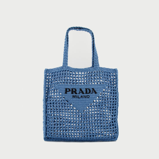 crochet tote, blue bag, square design tote, leather crochet bag, Prada tote