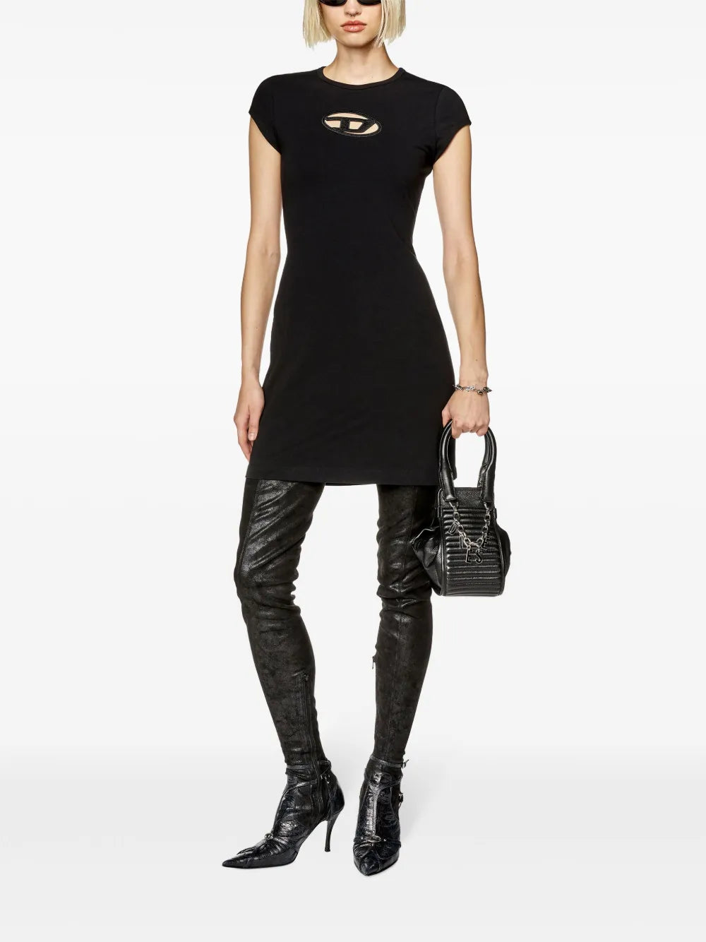 diesel black dress Women's Milano-knit with metal Oval D plaque | it promises to make a lasting impression. Diesel Black Stretch Twill Mini